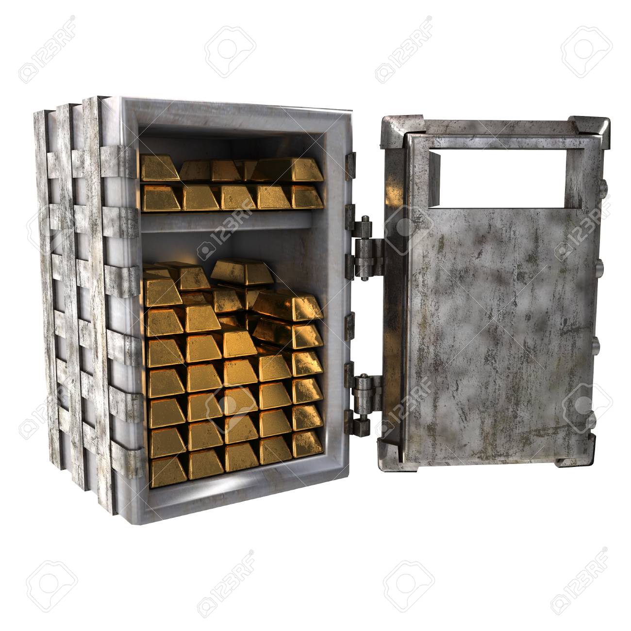old open safe with gold bars on an isolated white background 3d open safe