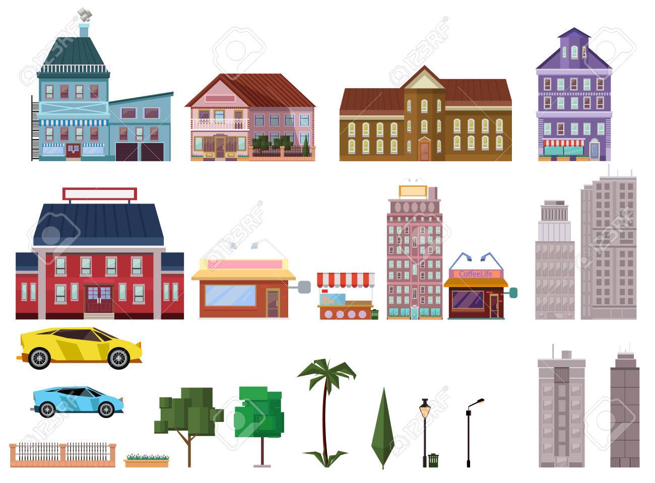 都市要素のセットは ベクトル イラスト 簡単に色を変更するオブジェクトを組み合わせて独自の都市景観を作成できます のイラスト素材 ベクタ Image