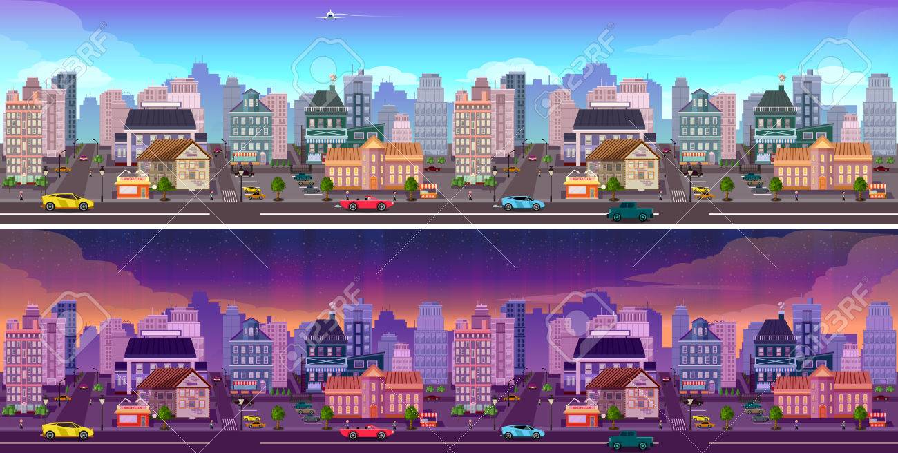 昼と夜市パノラマ 昼と夜の町の背景 ベクトルの街並みのイラスト のイラスト素材 ベクタ Image 6227
