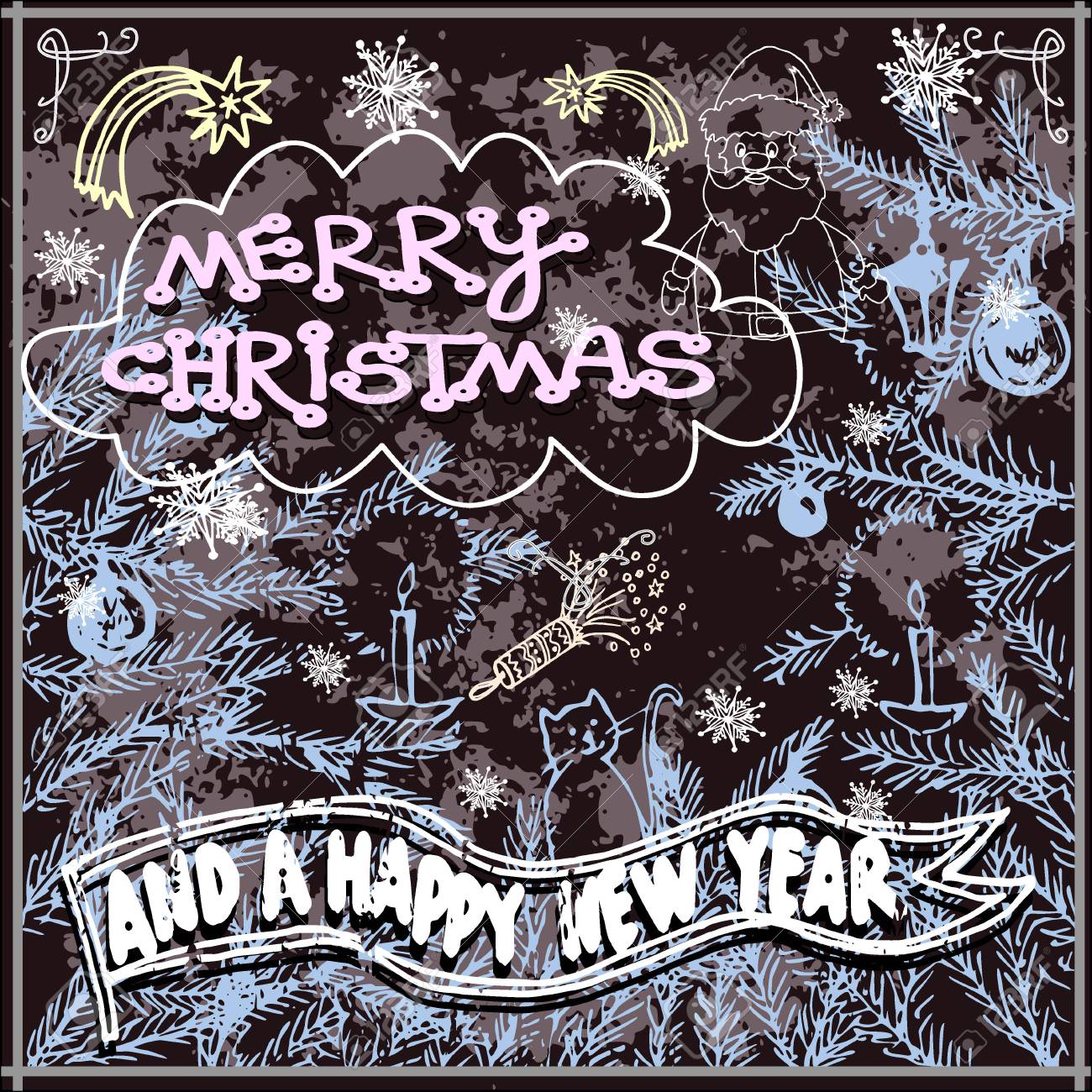 ベクトル グラフィック 芸術的な様式化されたイメージ 手書き黒板 イラストのクリスマス カード レタリングをチョークします 塗装ボード 上の様式化された碑文 のイラスト素材 ベクタ Image