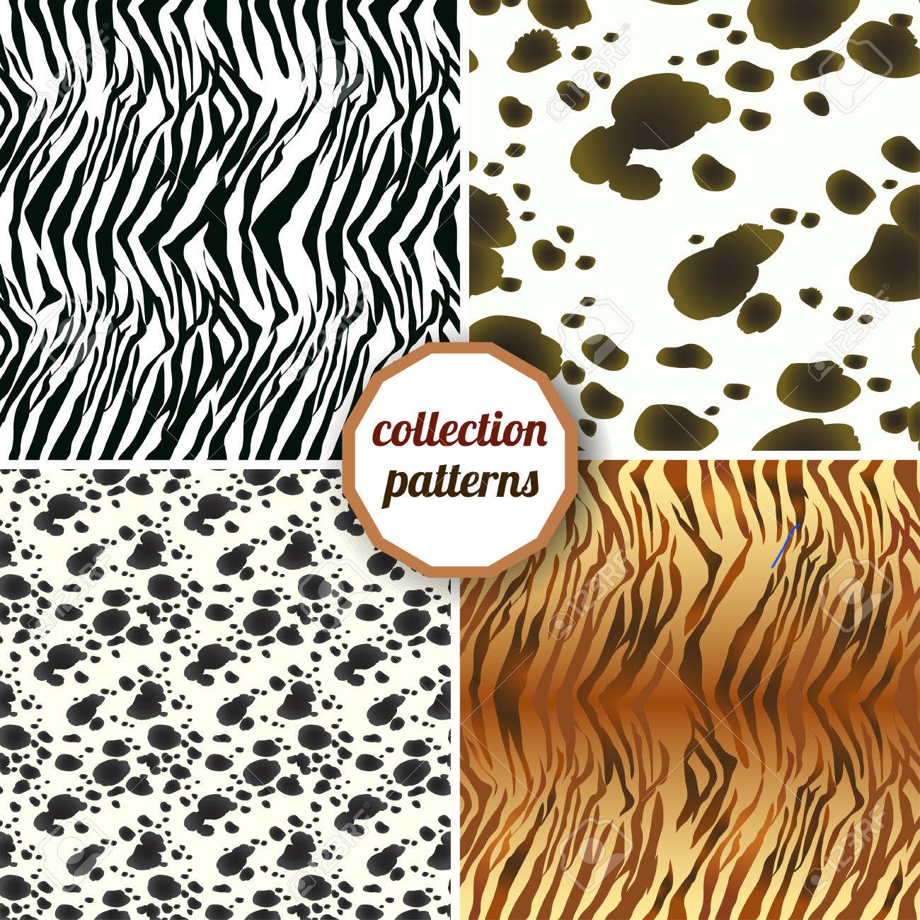 シームレスなパターンのセットです デザイン動物プリント パターン テクスチャ スキン虎 ダルメシアンとゼブラを設定します デザイン パターンのファブリック 壁紙 包装紙に使用できます のイラスト素材 ベクタ Image