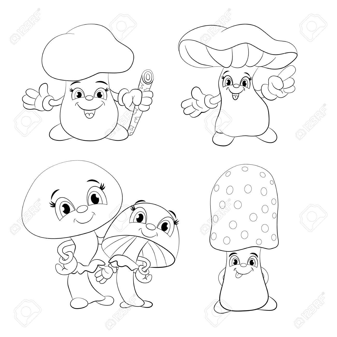 Ensemble De Dessin Animé Drôles De Champignons Livre De Coloriage