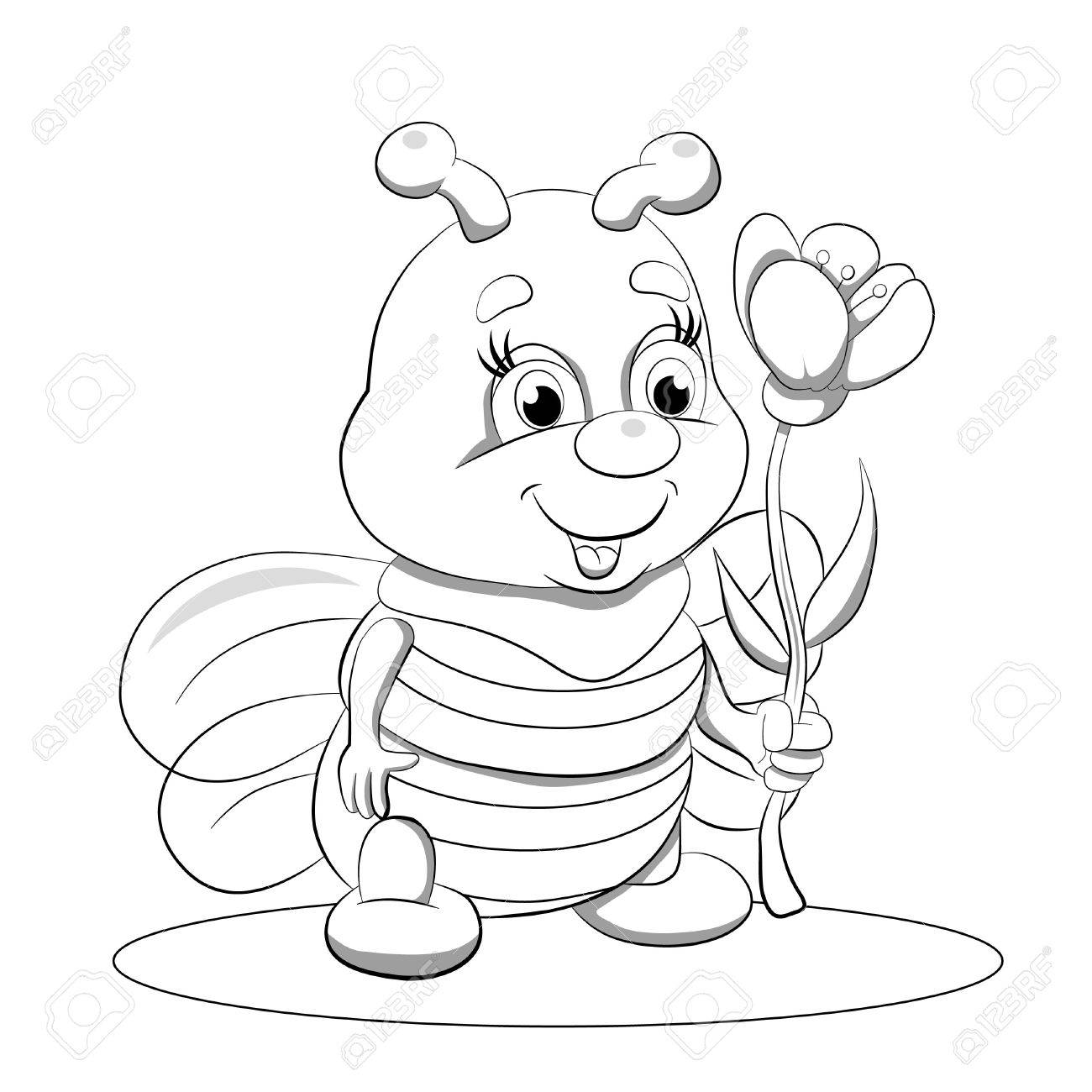 漫画の花と少し蜂が面白い 塗り絵 のイラスト素材 ベクタ Image