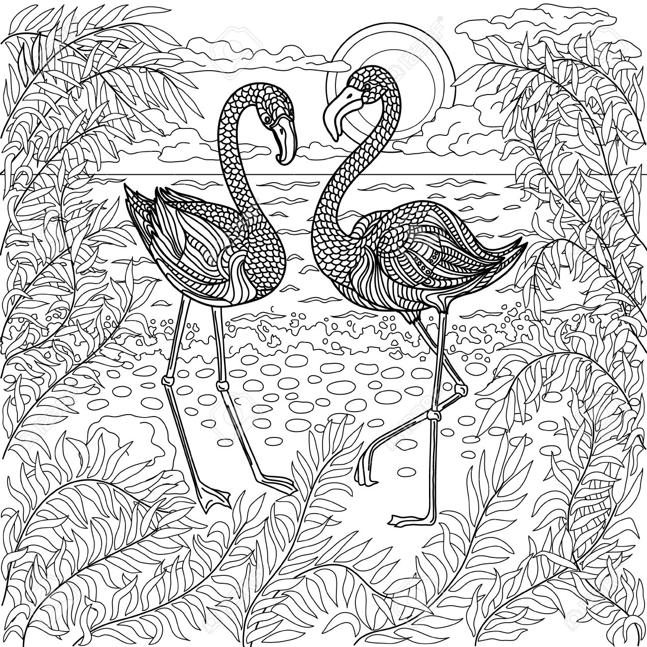 Hand drawn birds flamingos in a branches tree on the sea beach Coloring page