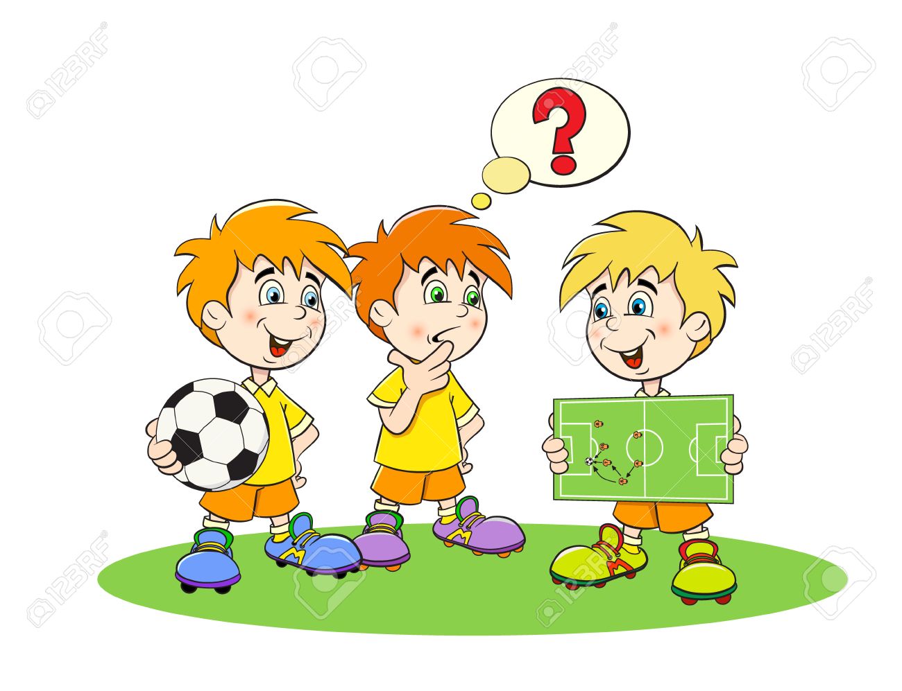 面白い漫画サッカー選手のサッカー ゲームの戦略と計画を開発します のイラスト素材 ベクタ Image