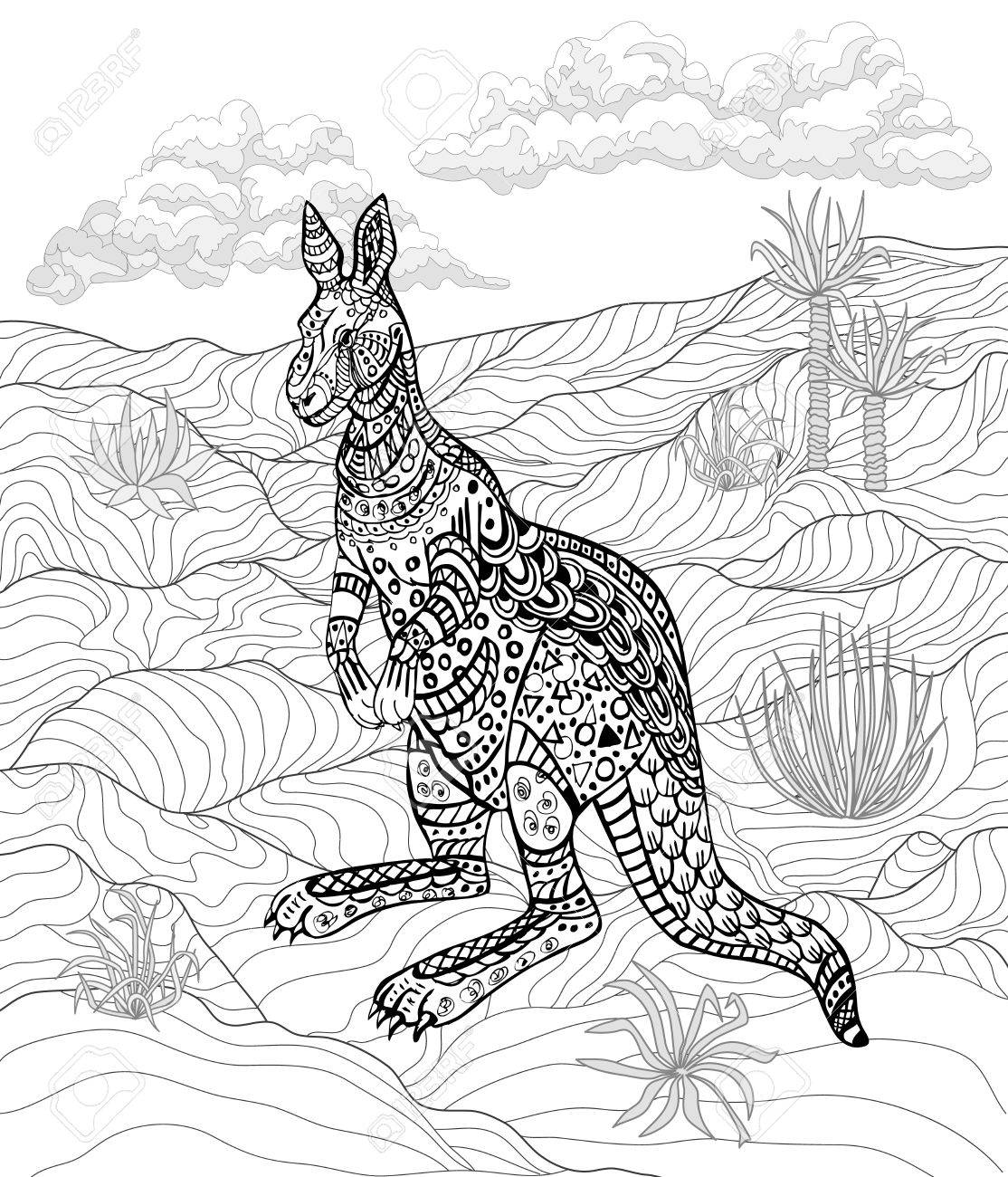 hand drawn ink kangaroo for relax and meditation royalty free