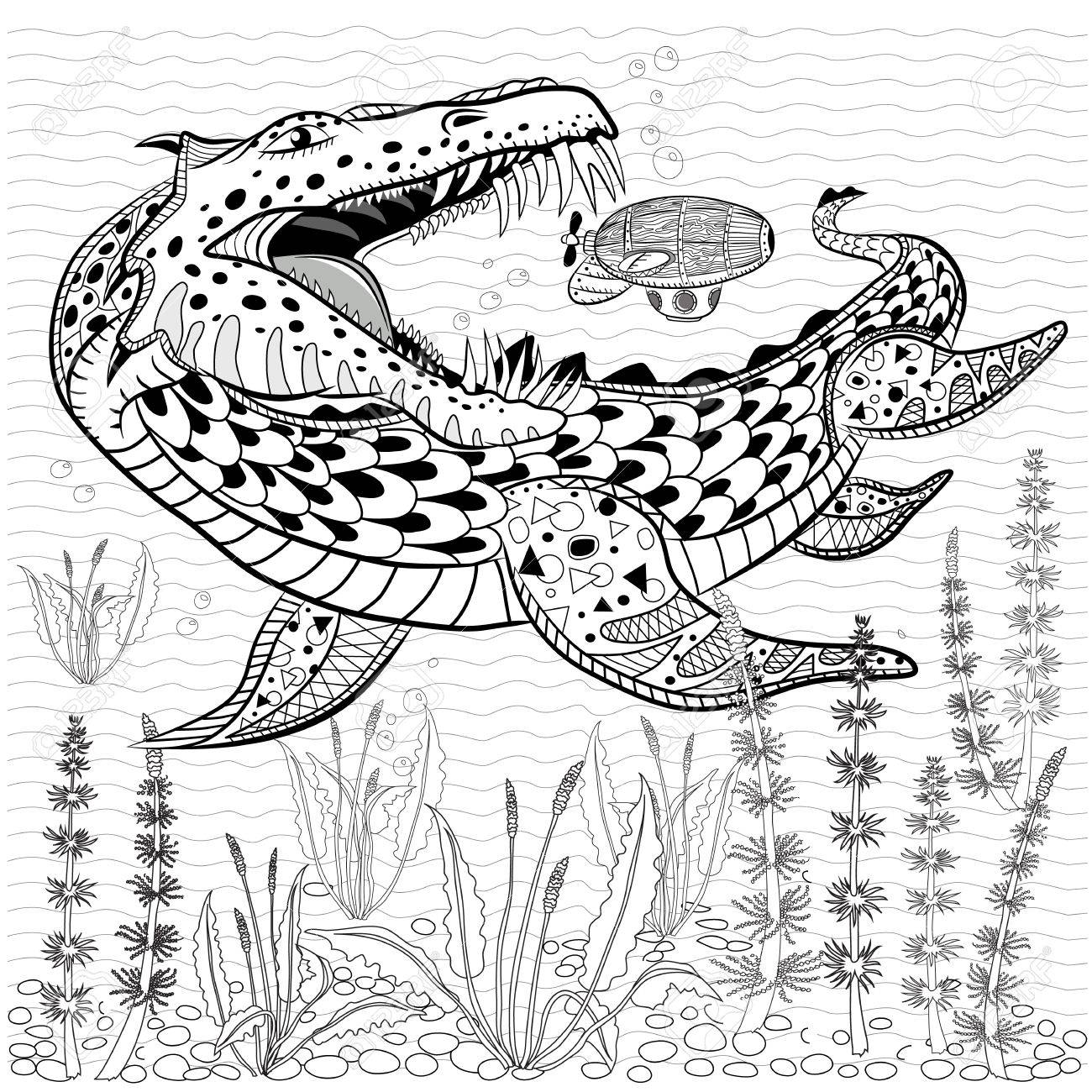 水中爬虫類モンスター狩りバチスカーフは自然の中 大人のための抗ストレスのぬりえ本 のイラスト素材 ベクタ Image 68423084