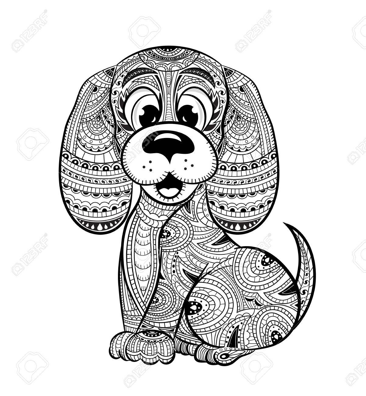 Chien Anti Stress Livre De Coloriage Pour Les Adultes Main Noir Et Blanc Dessine Doodle Imprimer Avec Des Motifs Ethniques Clip Art Libres De Droits Vecteurs Et Illustration Image 68788582