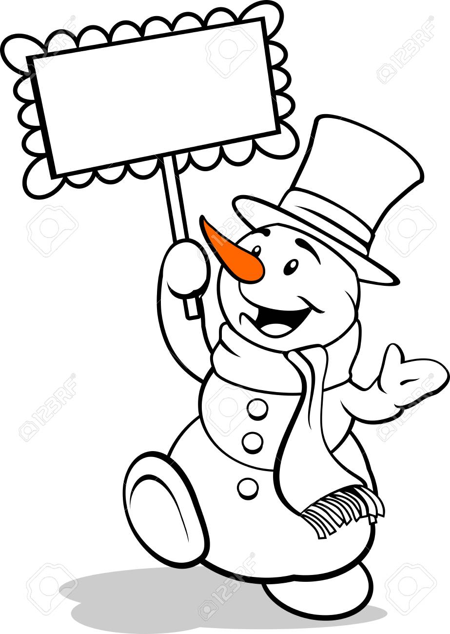 Black And White Coloring. Snowman Holding A Sign Illustration Royalty Free  SVG, Cliparts, Vectors, and Stock Illustration. Image 116684067., image size:923x1300