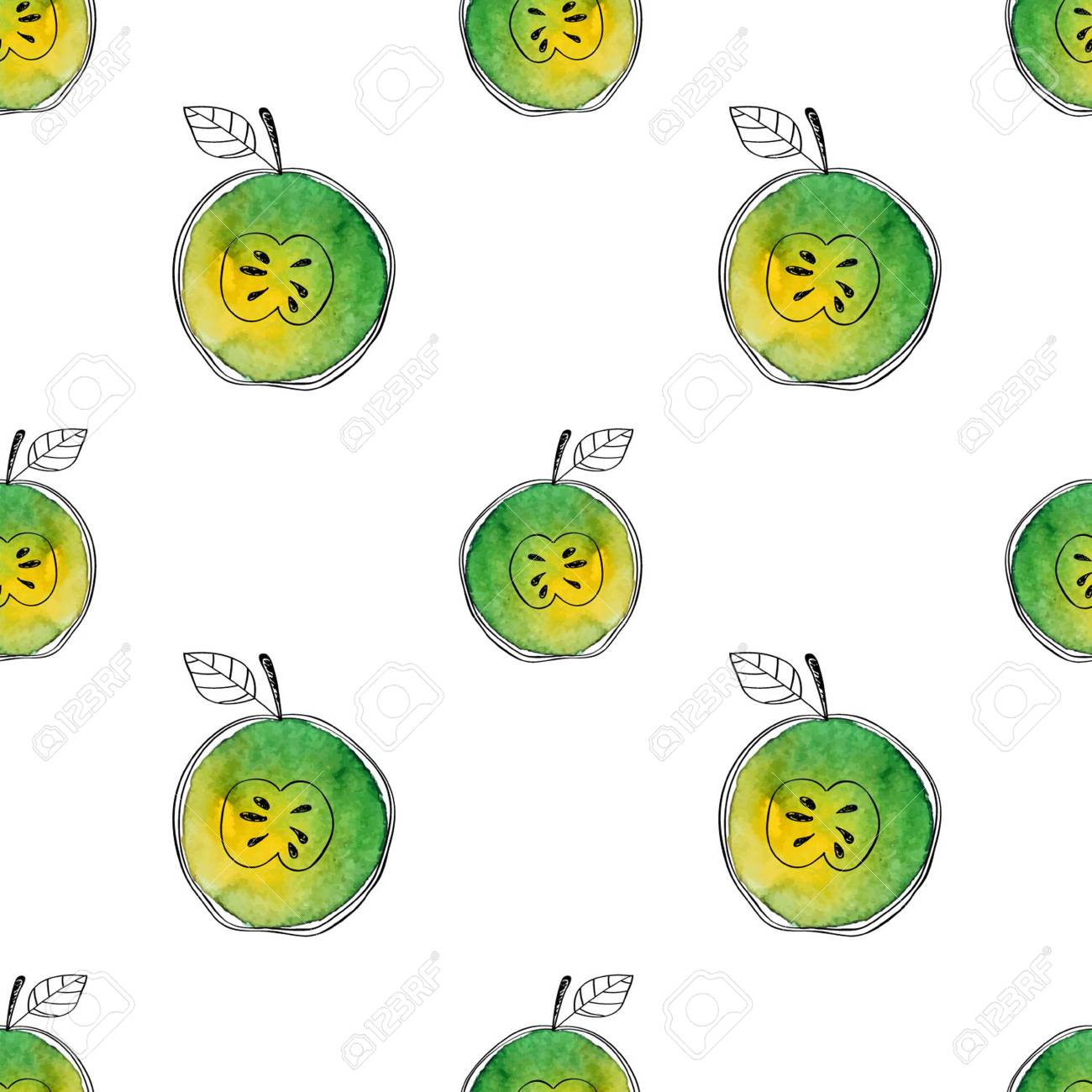 Vector Seamless pattern of watercolor green apple with black hand-drawn elements. On white background. Grouped and isolated. Modern design. Creative style. Handmade. - 69214044 Vector Seamless pattern of watercolor green apple with black hand-drawn elements. On white background. Grouped and isolated. Modern design. Creative style. Handmade. - 69214044
