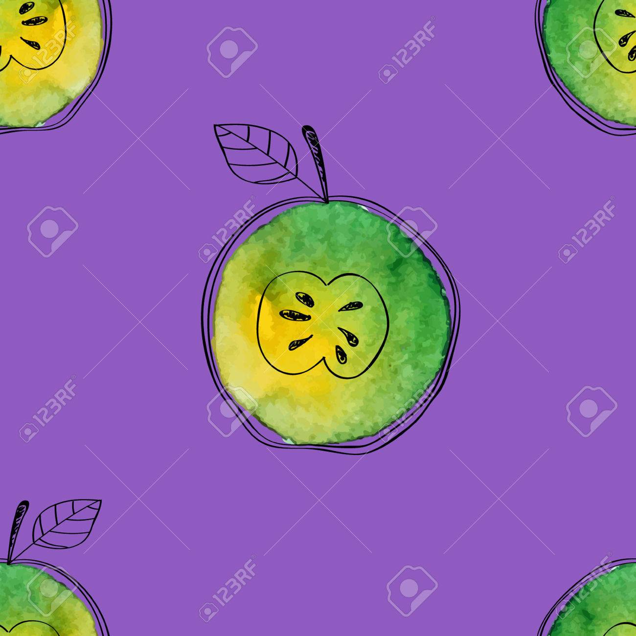 Vector Seamless pattern of watercolor green apple with black hand-drawn elements. On contrast violet background. Grouped and isolated. Modern design. Creative style. Handmade. - 69214042 Vector Seamless pattern of watercolor green apple with black hand-drawn elements. On contrast violet background. Grouped and isolated. Modern design. Creative style. Handmade. - 69214042