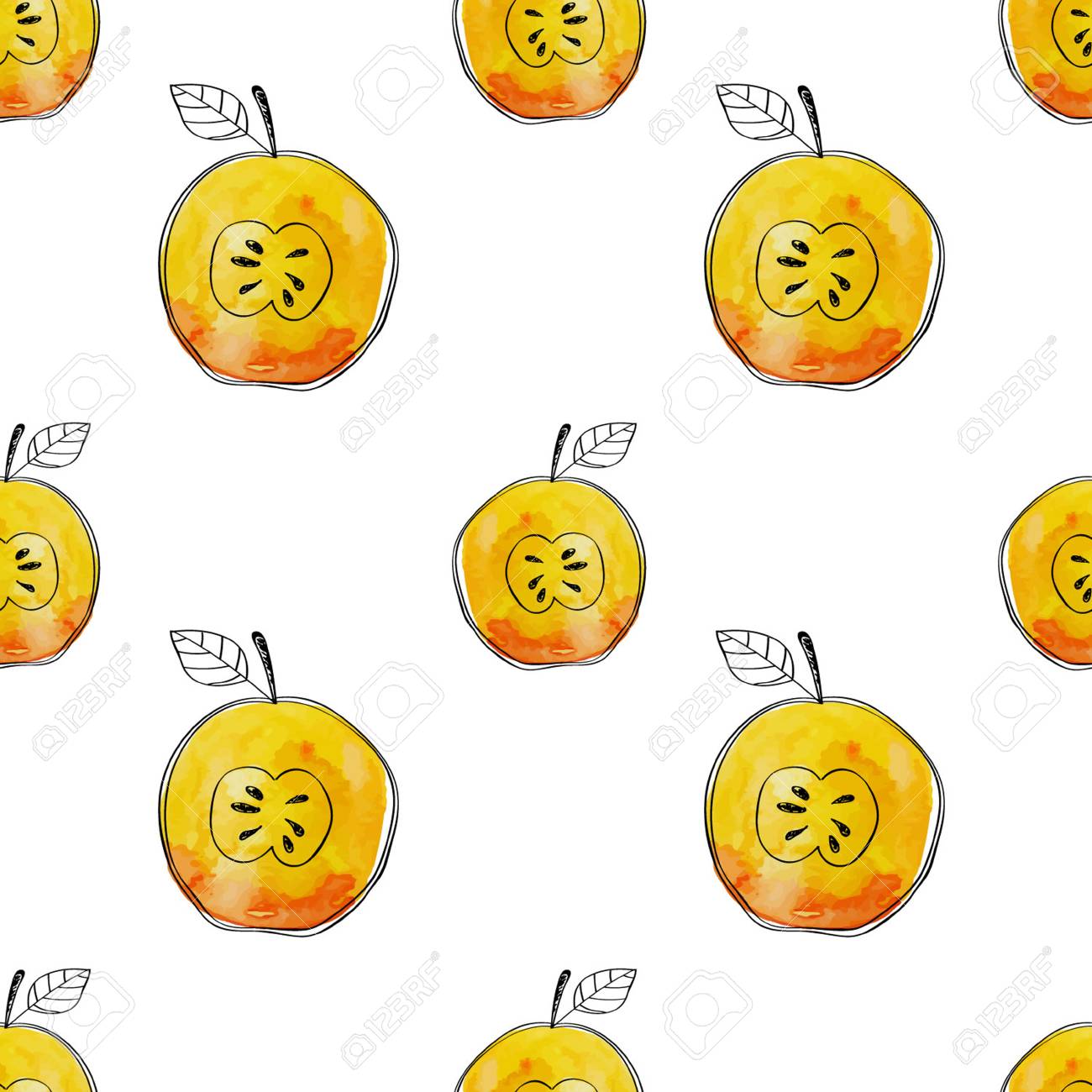 Vector Seamless pattern of watercolor yellow apple with black hand-drawn elements. On white background. Grouped and isolated. Modern design. Creative style. Handmade. - 69214051 Vector Seamless pattern of watercolor yellow apple with black hand-drawn elements. On white background. Grouped and isolated. Modern design. Creative style. Handmade. - 69214051