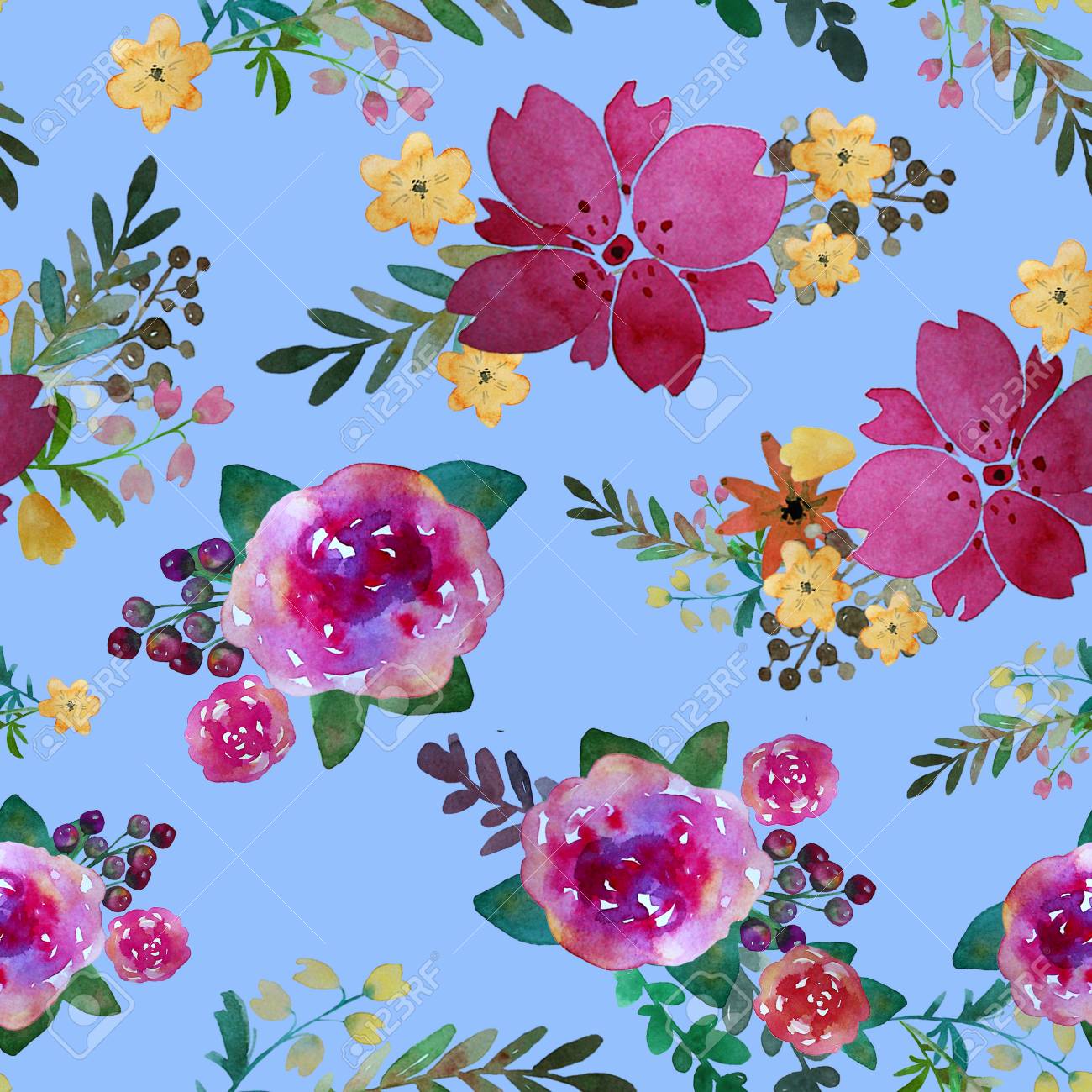 バラの花と葉のロマンチックな花のシームレスなパターン 無限の織物壁紙の印刷します 手描き水彩の要素 美しさの花束 ピンク 赤 青の背景に緑色です サマー スプリング の写真素材 画像素材 Image