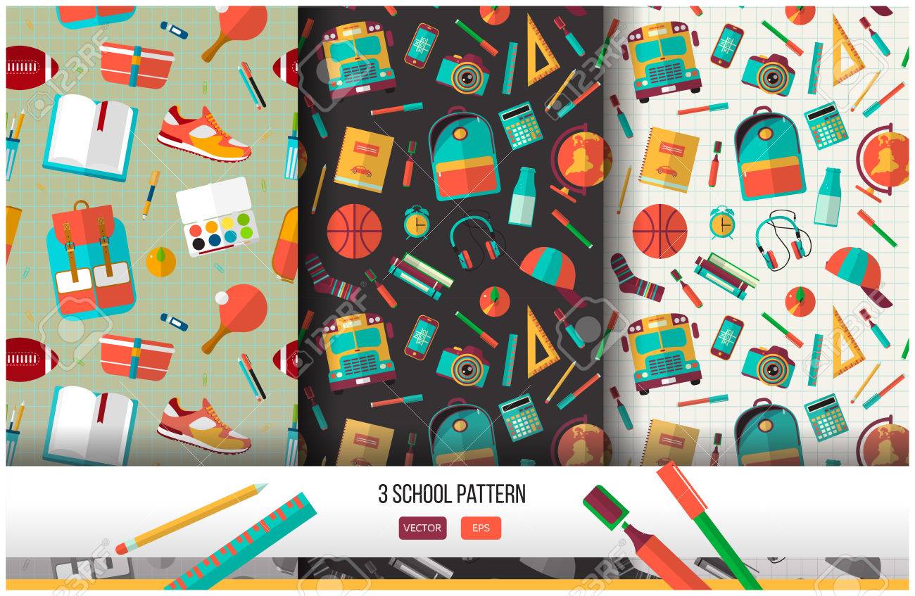 Vector set of 3 school seamless pattern. Back to school illustration on notebook paper background. High school object college items in flat style. - 54792642 Vector set of 3 school seamless pattern. Back to school illustration on notebook paper background. High school object college items in flat style. - 54792642