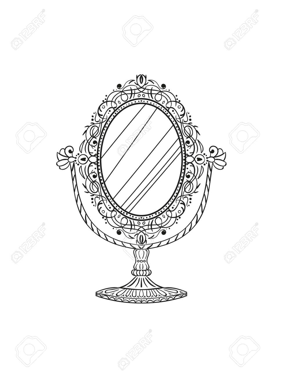 Freehand pencil drawing of a vintage table mirror. Sketchy antique baroque mirror. Vector illustration. - 166906106 Freehand pencil drawing of a vintage table mirror. Sketchy antique baroque mirror. Vector illustration. - 166906106