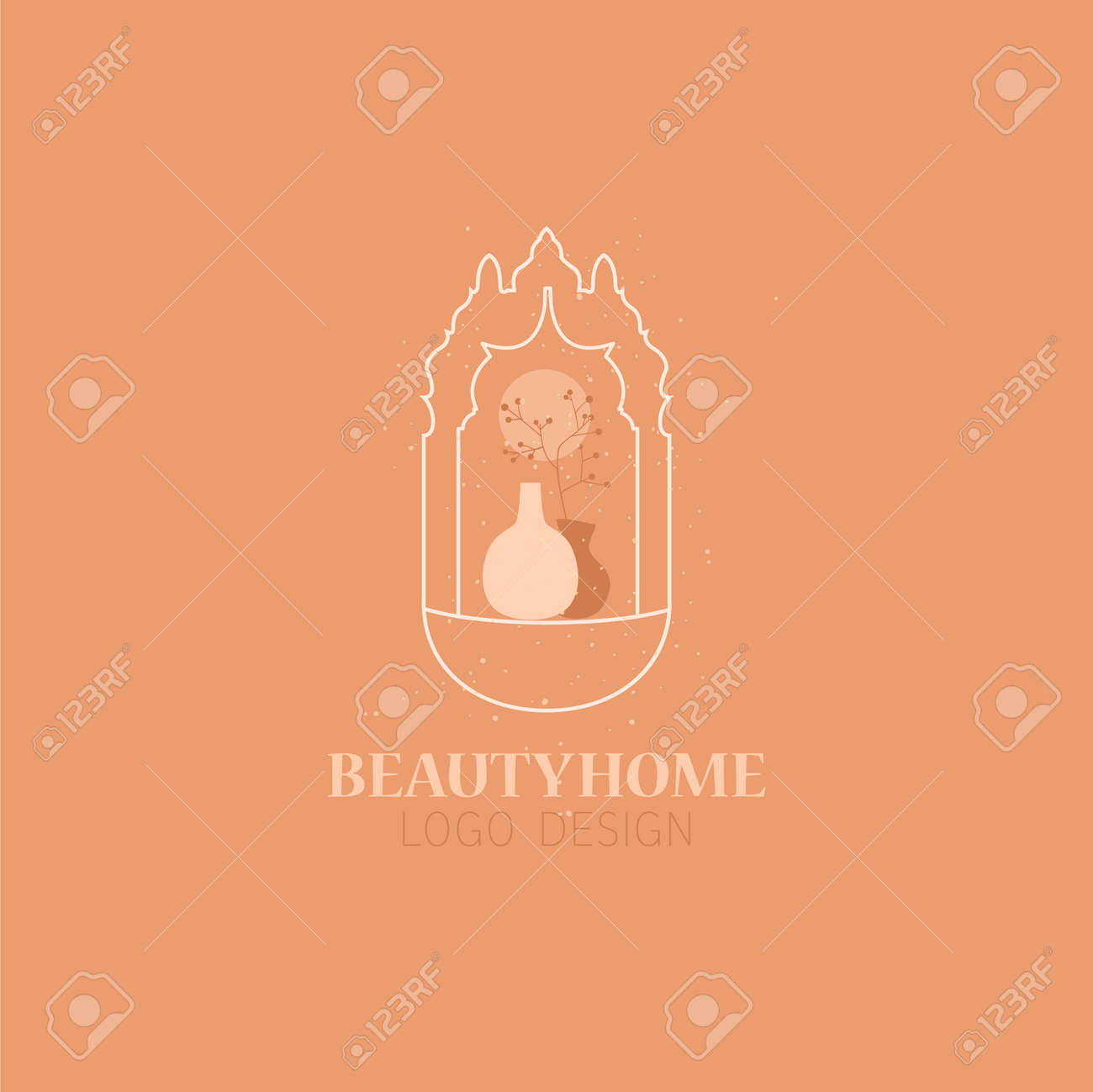 Vector concept of trendy arch with dried flowers in a vase, linear style with window in moroccan style. - 170385445 Vector concept of trendy arch with dried flowers in a vase, linear style with window in moroccan style. - 170385445