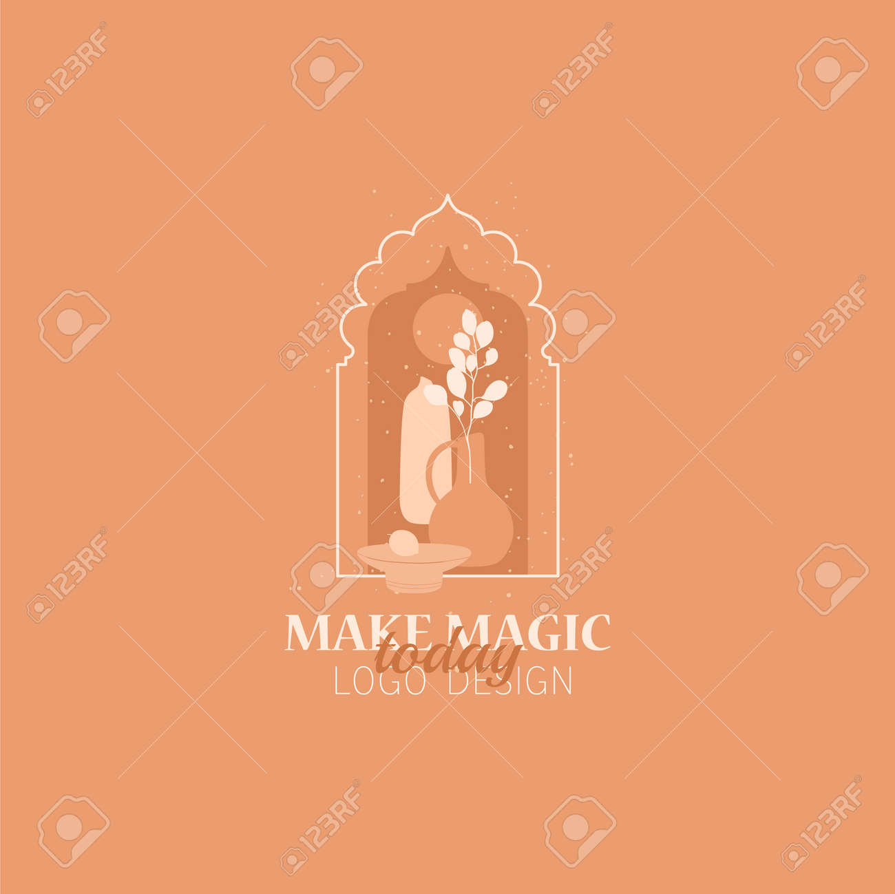 Vector concept of trendy arch with floral and different vases, ceramics elements, linear style with window in moroccan style. - 170175985 Vector concept of trendy arch with floral and different vases, ceramics elements, linear style with window in moroccan style. - 170175985