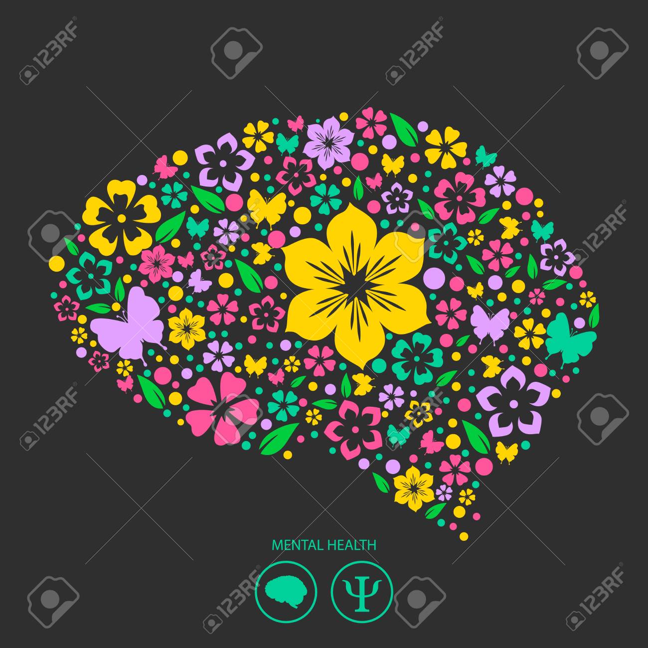 Abstract image of the brain with flowers, dots and with butterflies..