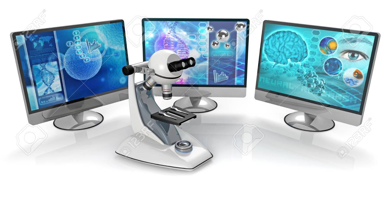 microscope and pc monitors isolated on white background - 42589749 microscope and pc monitors isolated on white background - 42589749