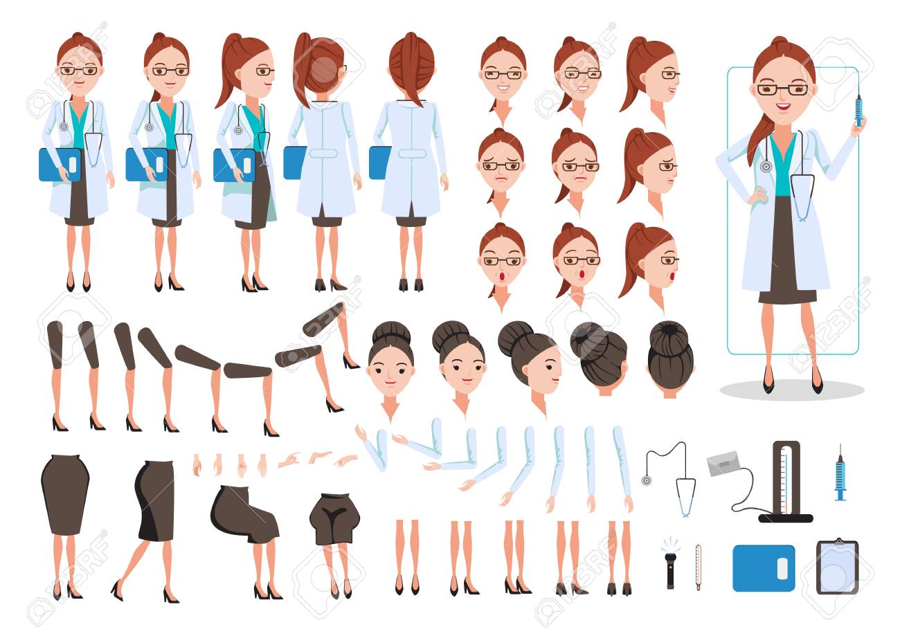 Female Doctor character creation set. Icons with different types of faces and hair style, emotions, front, rear, side view of female person. Moving arms, legs.Sit, stand, walk Vector illustration - 94594042 Female Doctor character creation set. Icons with different types of faces and hair style, emotions, front, rear, side view of female person. Moving arms, legs.Sit, stand, walk Vector illustration - 94594042