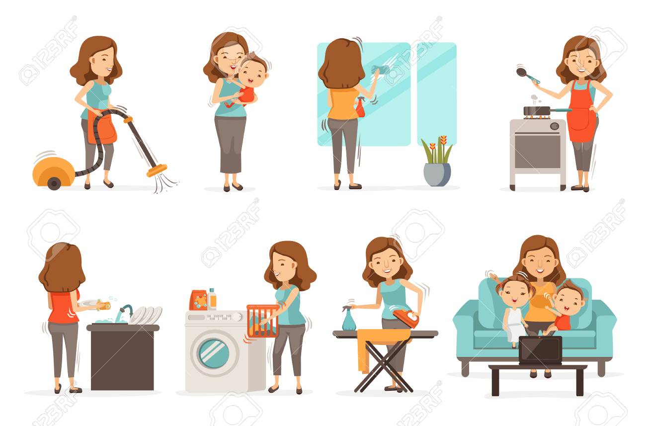 Smiling housewife and happy activities Set of affairs woman. Baby care ,irons, vacuums, cleans, cooks,Wash dishes,Wipe the mirror, brings up children, video call. Isolated on white background - 97904108 Smiling housewife and happy activities Set of affairs woman. Baby care ,irons, vacuums, cleans, cooks,Wash dishes,Wipe the mirror, brings up children, video call. Isolated on white background - 97904108