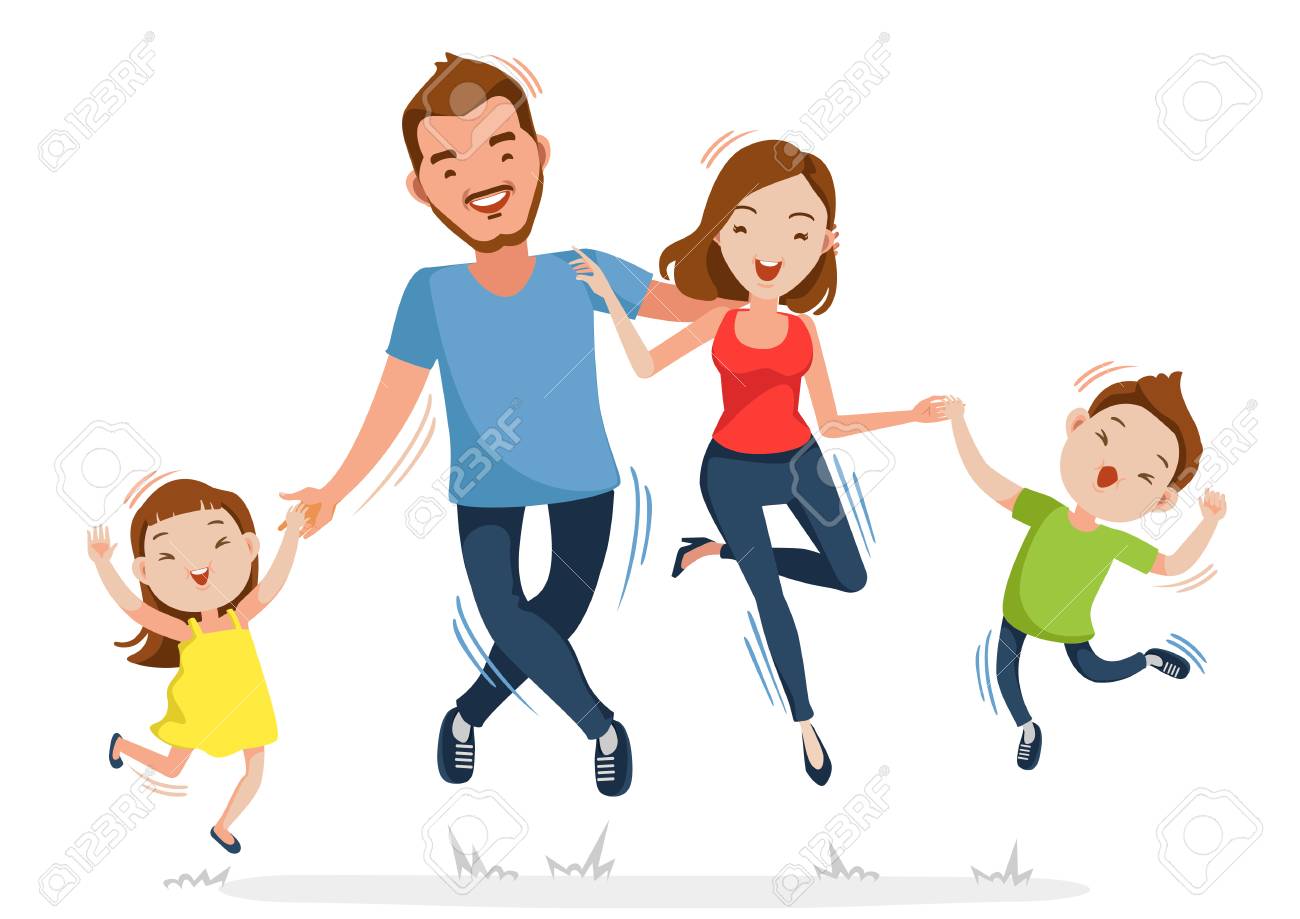 父の母娘と息子が一緒に手をつないで飛び跳ね合った 幸せな家族はジャンプしています 白い背景に隔離されています ベクトルのイラストのイラスト素材 ベクタ Image