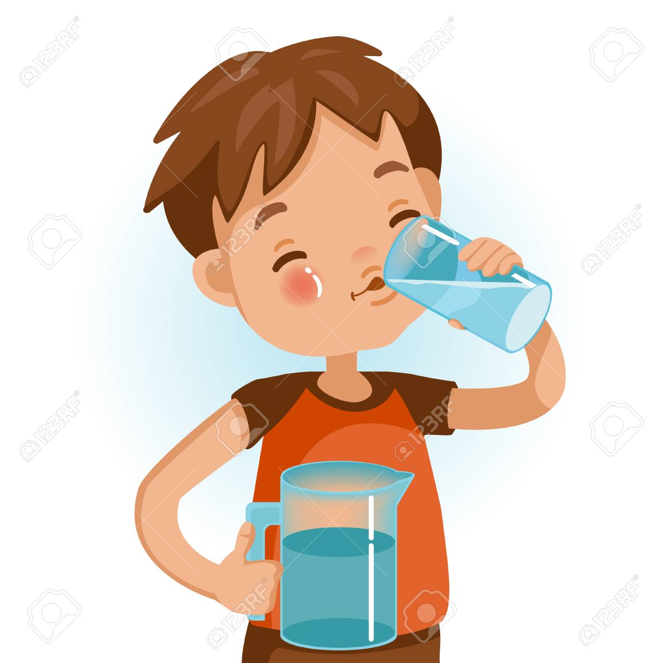 Cute boy in red shirt holding glass of kid drinking water. Emotionally be smile. Healthy concepts and growth in child nutrition. - 105746702 Cute boy in red shirt holding glass of kid drinking water. Emotionally be smile. Healthy concepts and growth in child nutrition. - 105746702