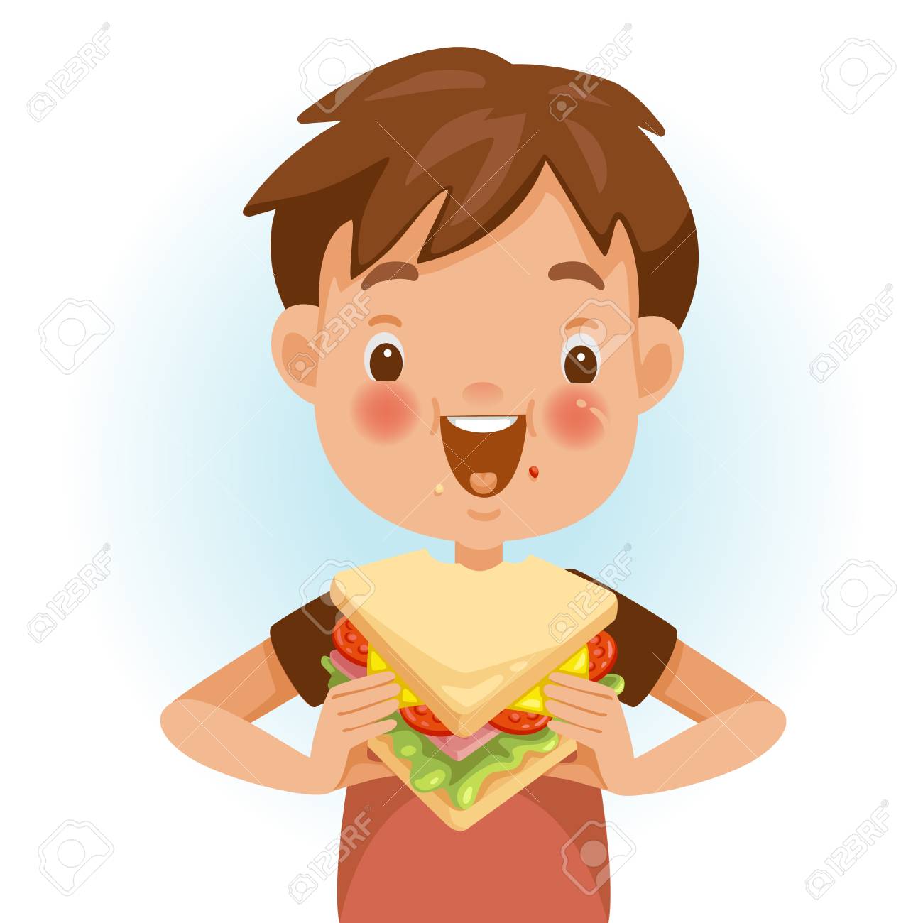 Boy eating sandwich. Emotional mood on the child's face feels good. Delicious and very happy. Good sandwich bites. Cute cartoon in red shirt - 105746776 Boy eating sandwich. Emotional mood on the child's face feels good. Delicious and very happy. Good sandwich bites. Cute cartoon in red shirt - 105746776