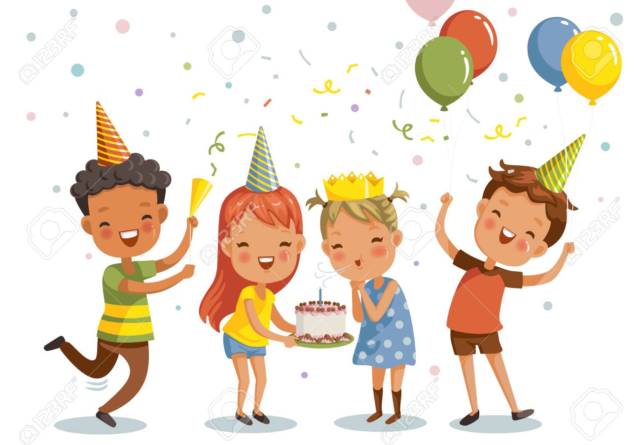 Children birthday party. Happy group of girls and boys having fun together. Vector illustration isolated white background. - 111230931 Children birthday party. Happy group of girls and boys having fun together. Vector illustration isolated white background. - 111230931