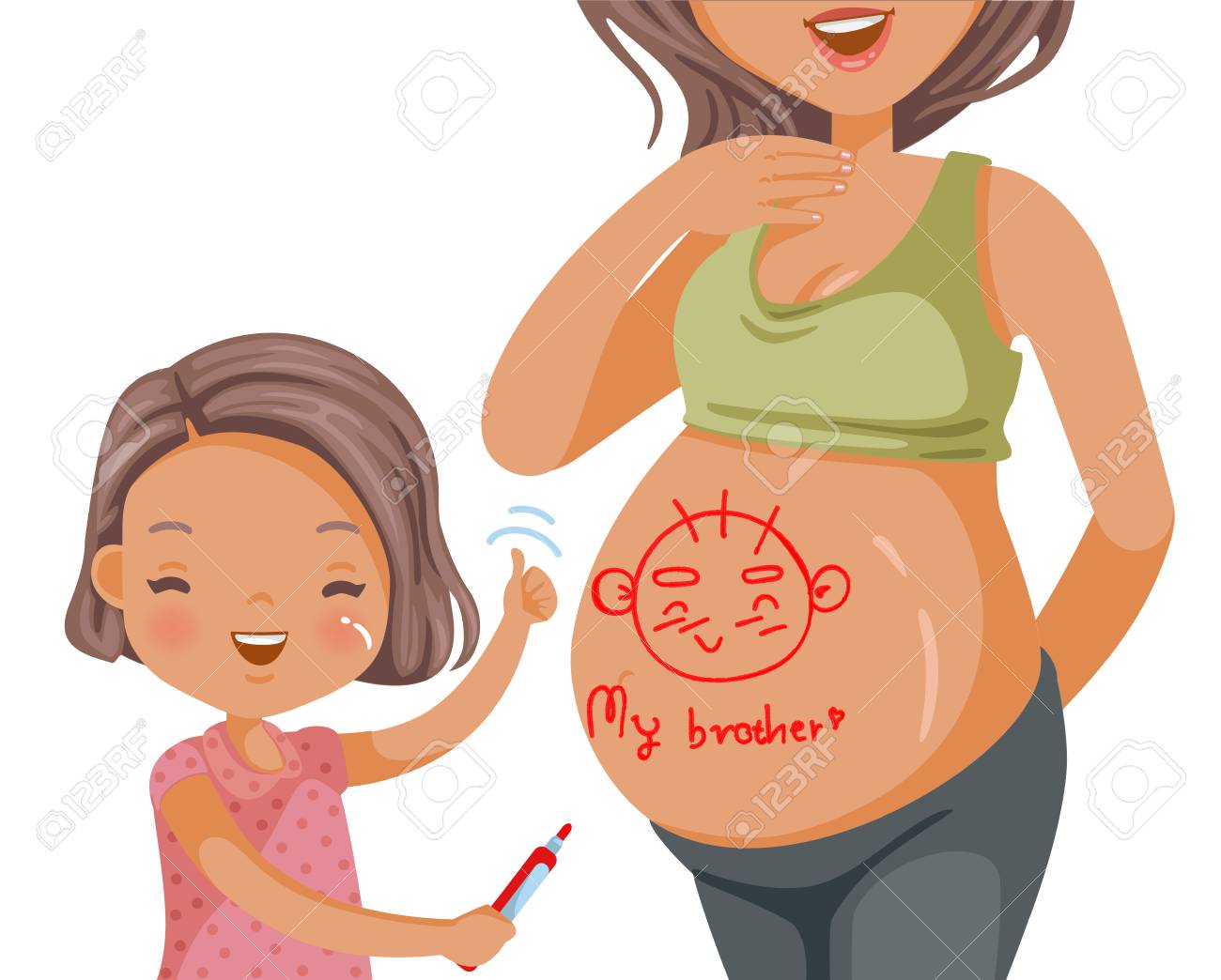 Pregnant Woman Belly And Her Daughter Happy Little Girl Drawing
