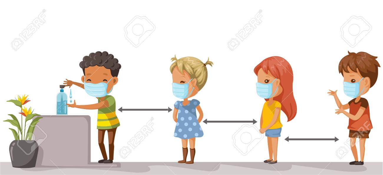Social distancing. Children at school keep distance away. Boys and girls wearing masks and using alcohol gel. Coronovirus epidemic. protective equipment. Society people to protect from COVID-19. - 146506607 Social distancing. Children at school keep distance away. Boys and girls wearing masks and using alcohol gel. Coronovirus epidemic. protective equipment. Society people to protect from COVID-19. - 146506607
