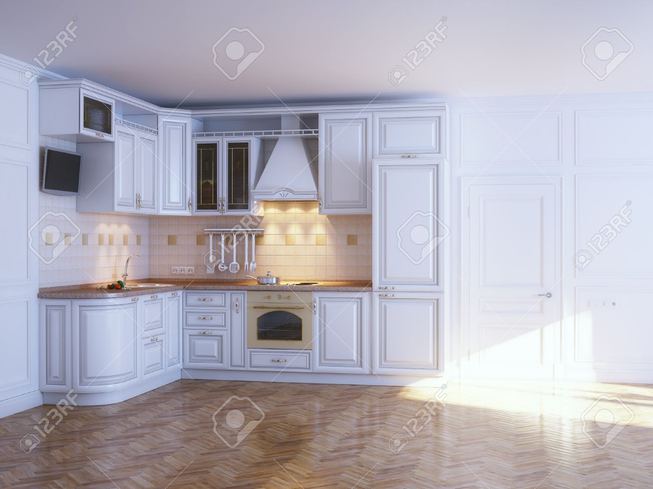 Muebles Clásicos De La Cocina En Blanco Con Interior Nuevo Parquet ... Muebles Clásicos De La Cocina En Blanco Con Interior Nuevo Parquet ...