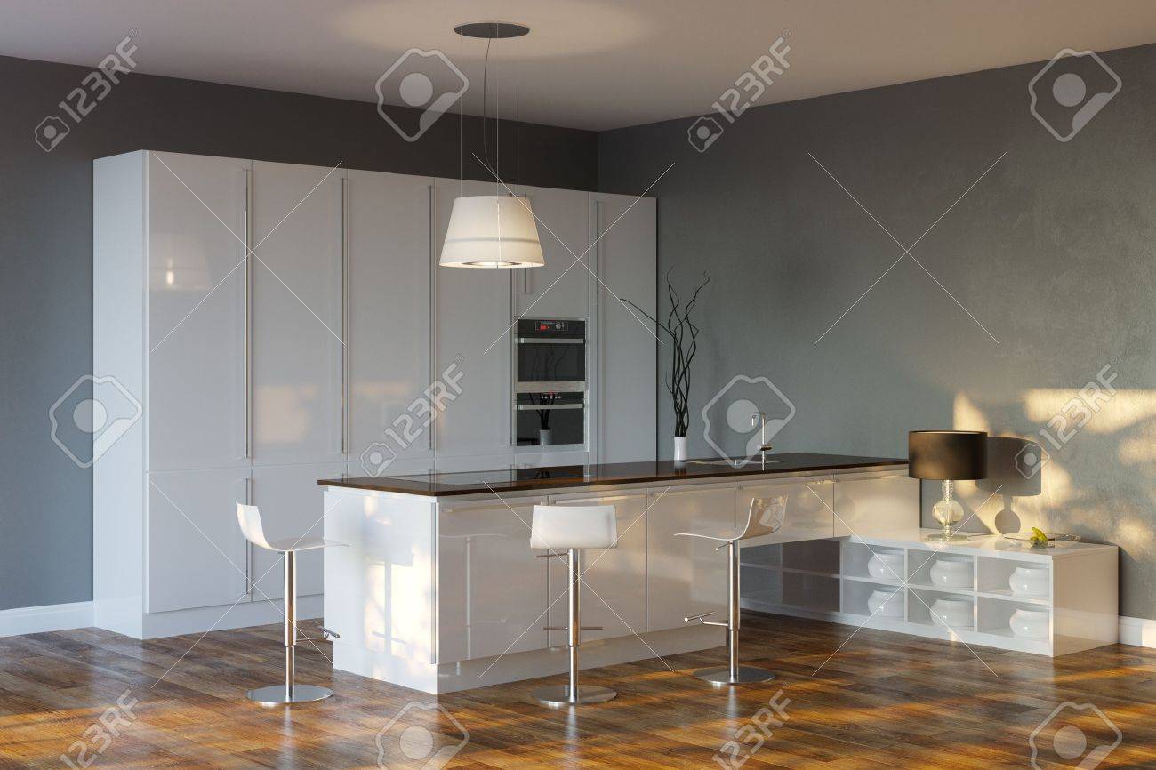 Luxury Hi Tech Kitchen With Grey Walls And Bar Stock Photo