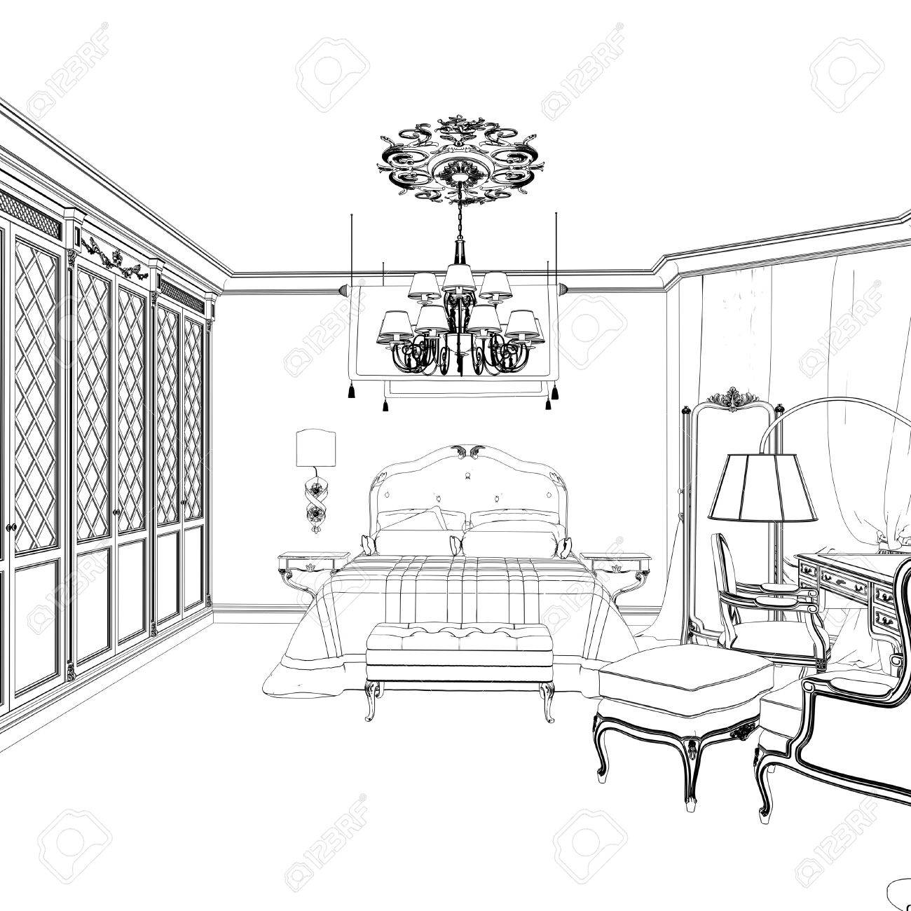 Sketch Of Retro Bedroom Interior Design With Chandelier
