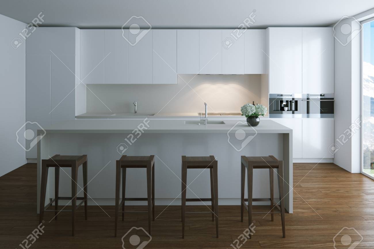 3d Rendez La Cuisine Contemporaine Blanche Dans La Grande Villa ... 3d Rendez La Cuisine Contemporaine Blanche Dans La Grande Villa ...