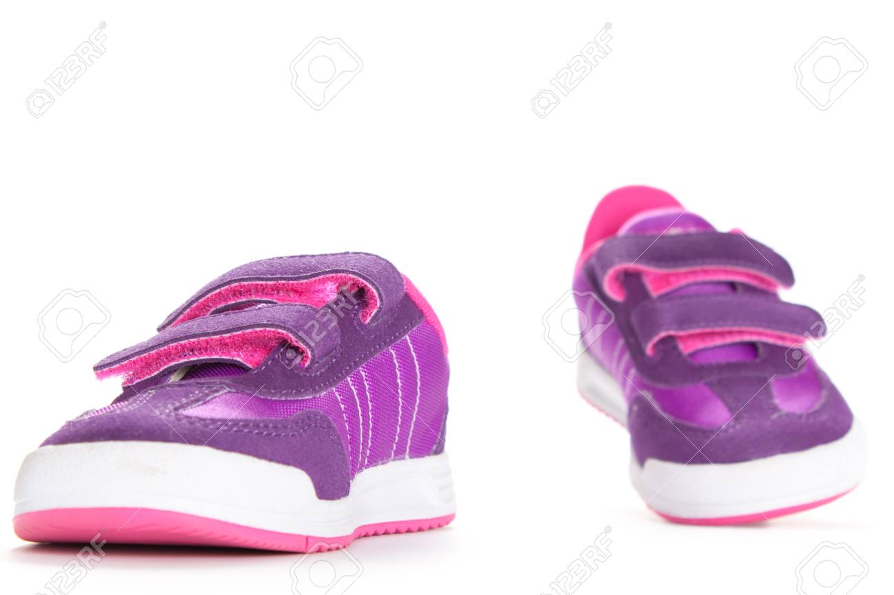 Pair Of Pink Sport Shoes On White Background Kids Shoes Stock