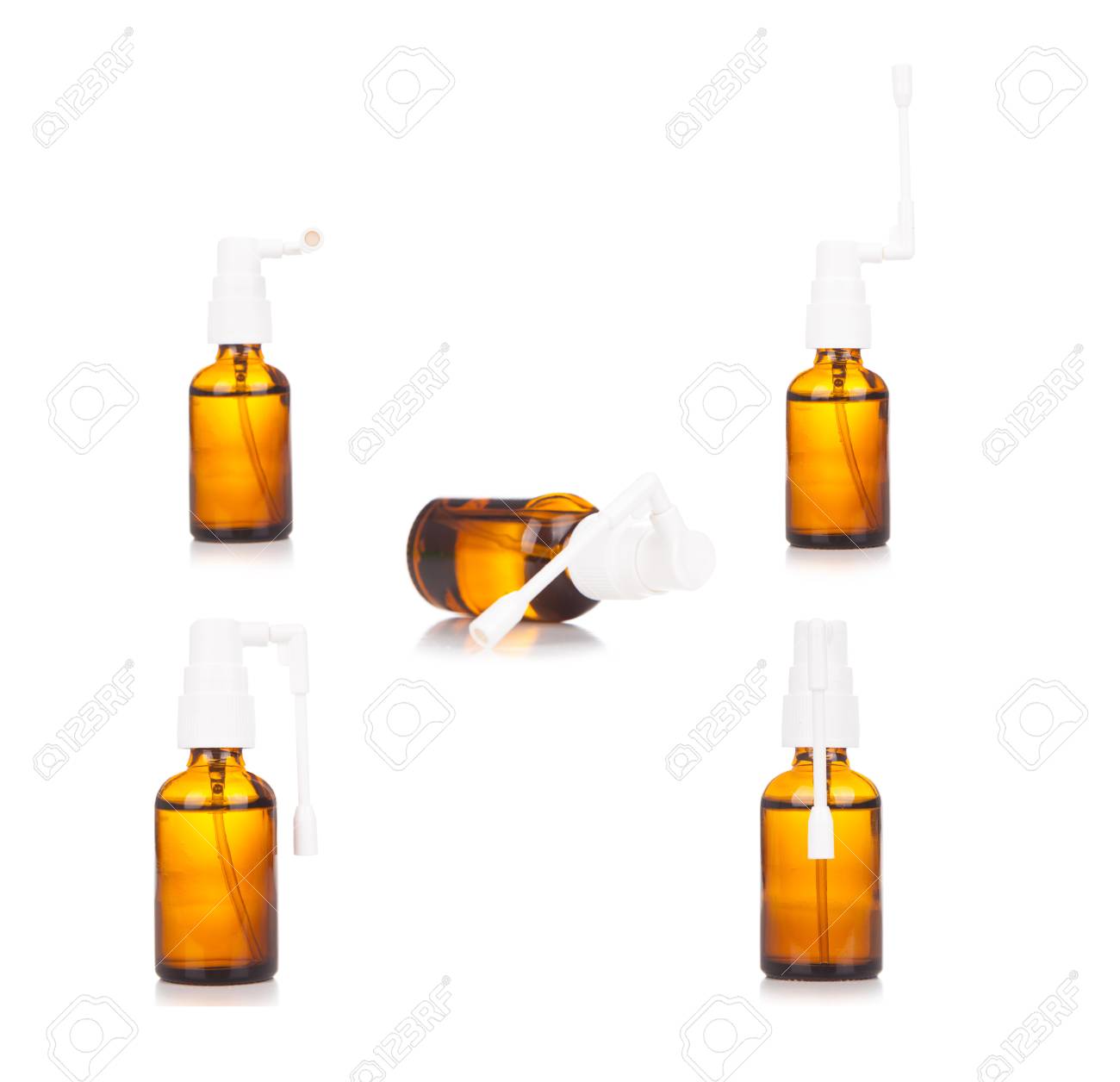 薬局 白い背景に隔離されたガラス瓶の喉スプレー薬 ブラウン医療スプレーボトル の写真素材 画像素材 Image