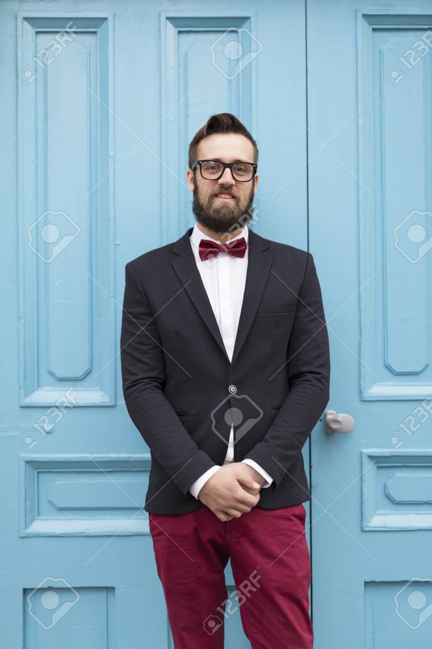 Portrait Of A Bearded Young Handsome Man On His Wedding Day Stock