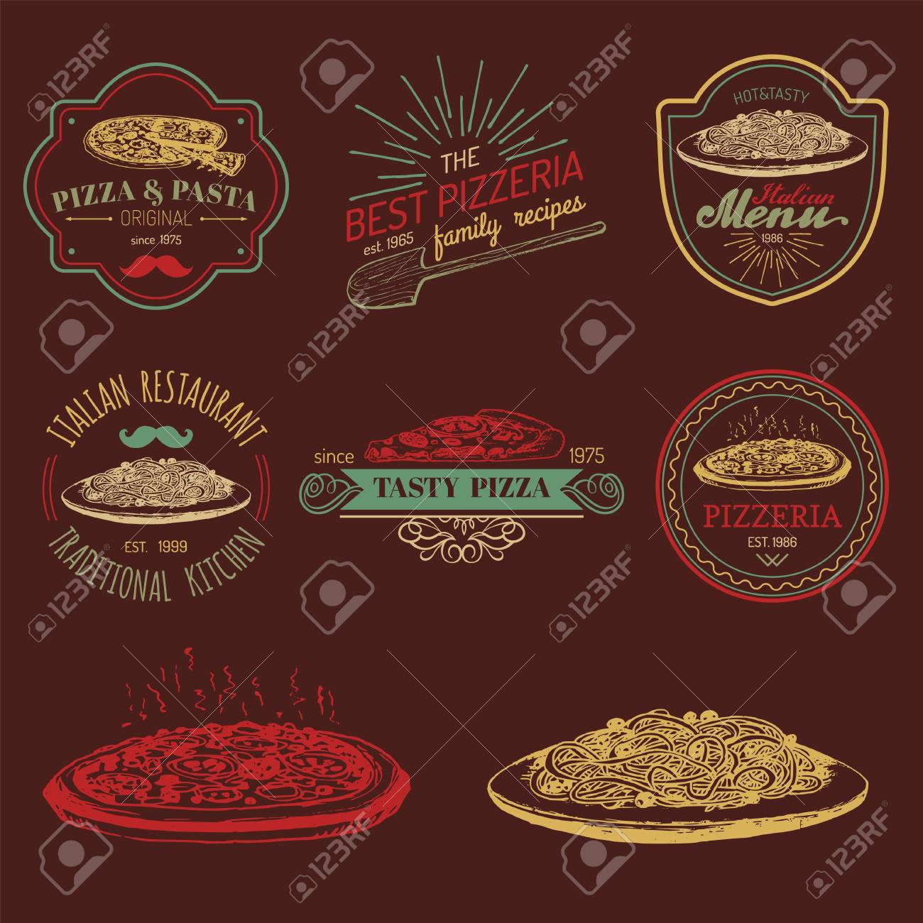 Vector Vintage Hipster Italian Food Logos Modern Pasta And Pizza