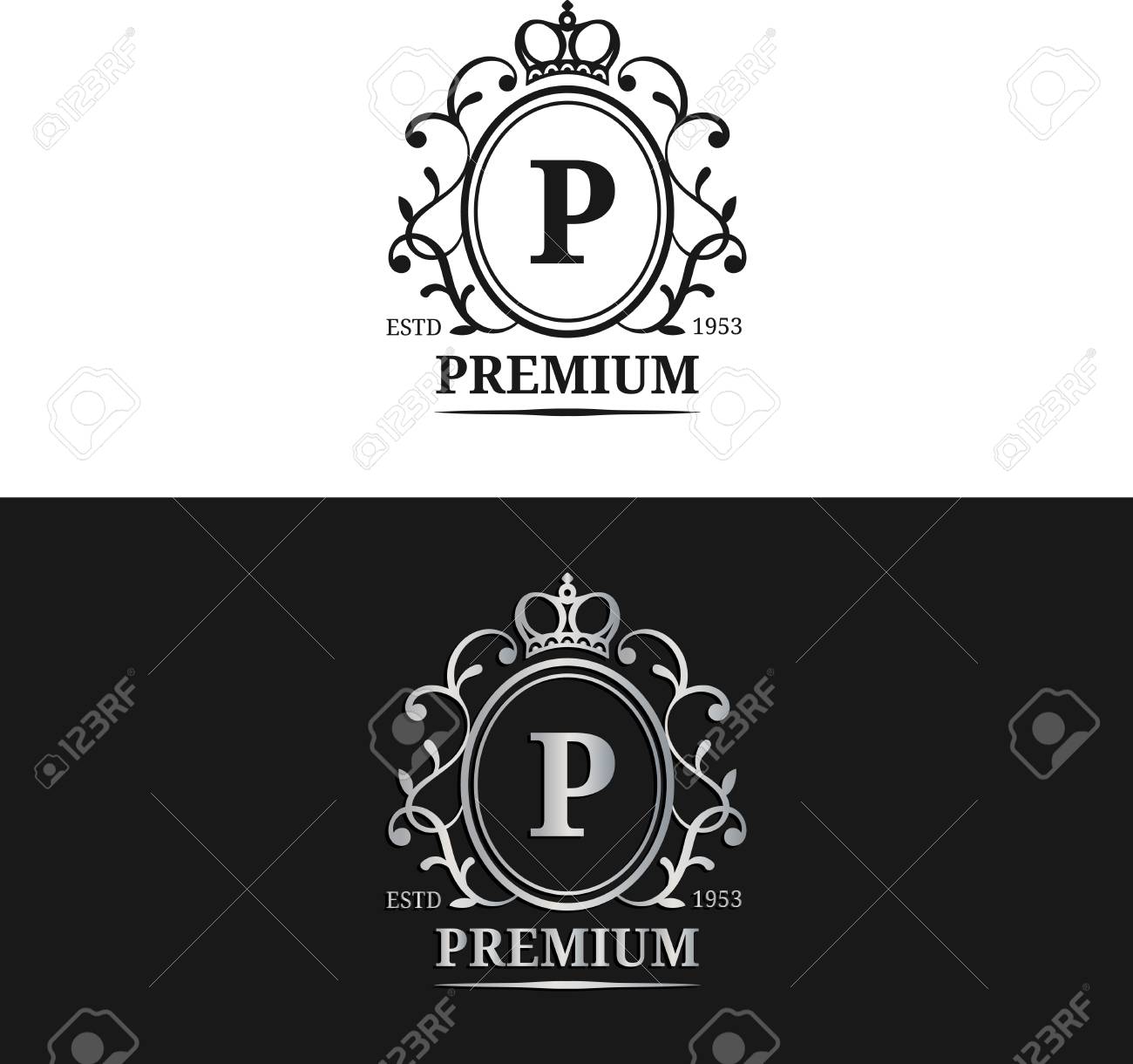 ベクトルのモノグラムのロゴのテンプレート 高級文字デザイン 王冠のイラストが優雅なビンテージ キャラクター ホテル等に使用 のイラスト素材 ベクタ Image