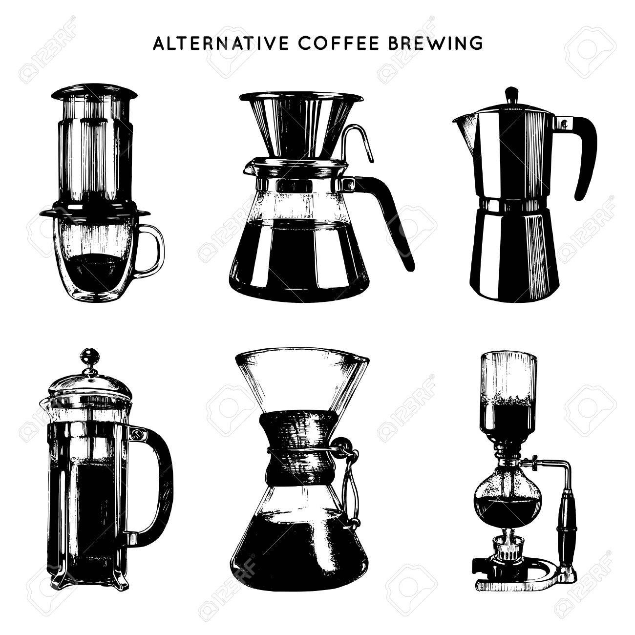 Vector Alternative Coffee Brewing Illustrations Set Hand Sketched Vector Alternative Coffee Brewing Illustrations Set Hand Sketched