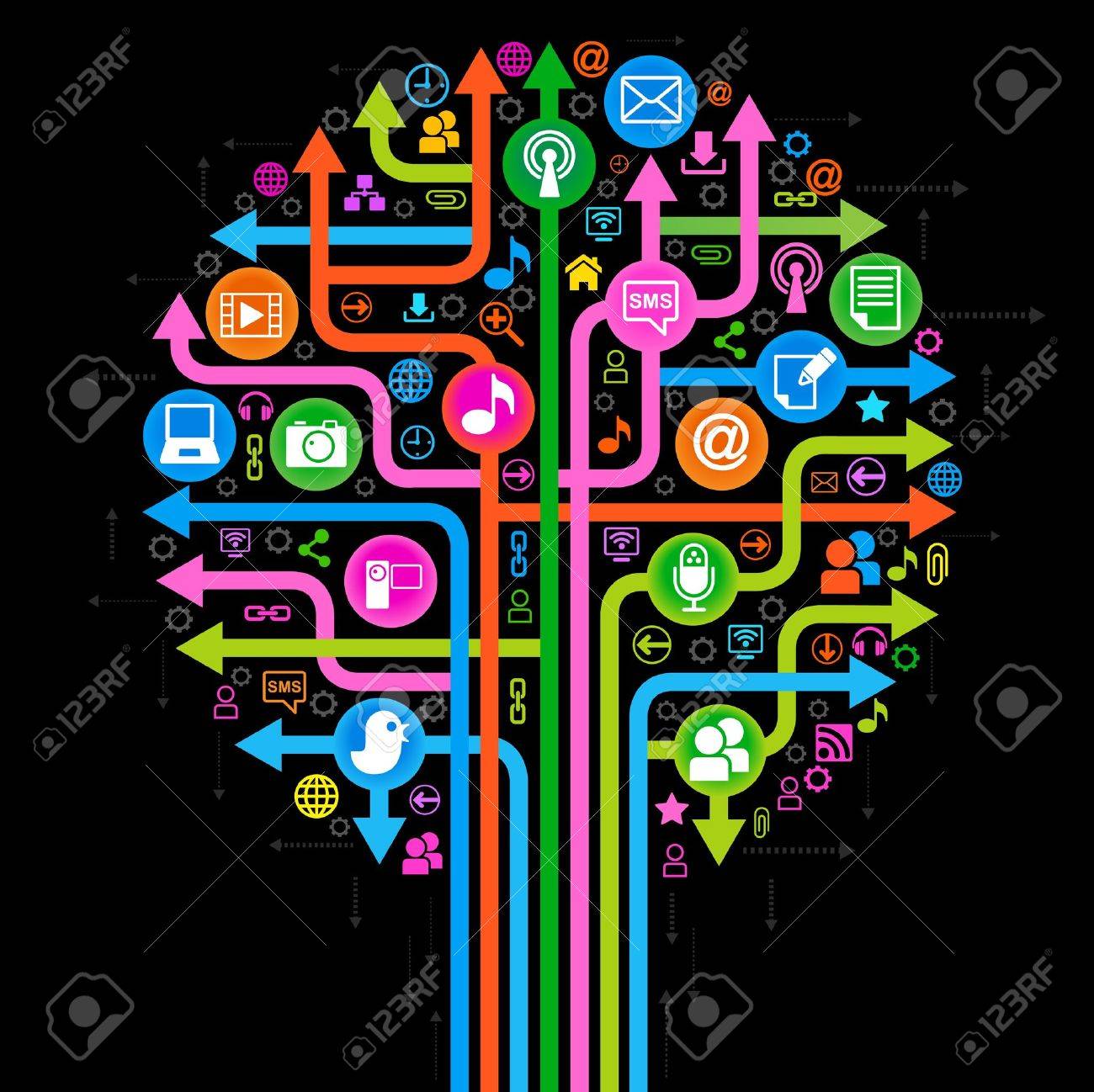 矢印とソーシャル メディアのトピック上のアイコンから成るツリー のイラスト素材 ベクタ Image