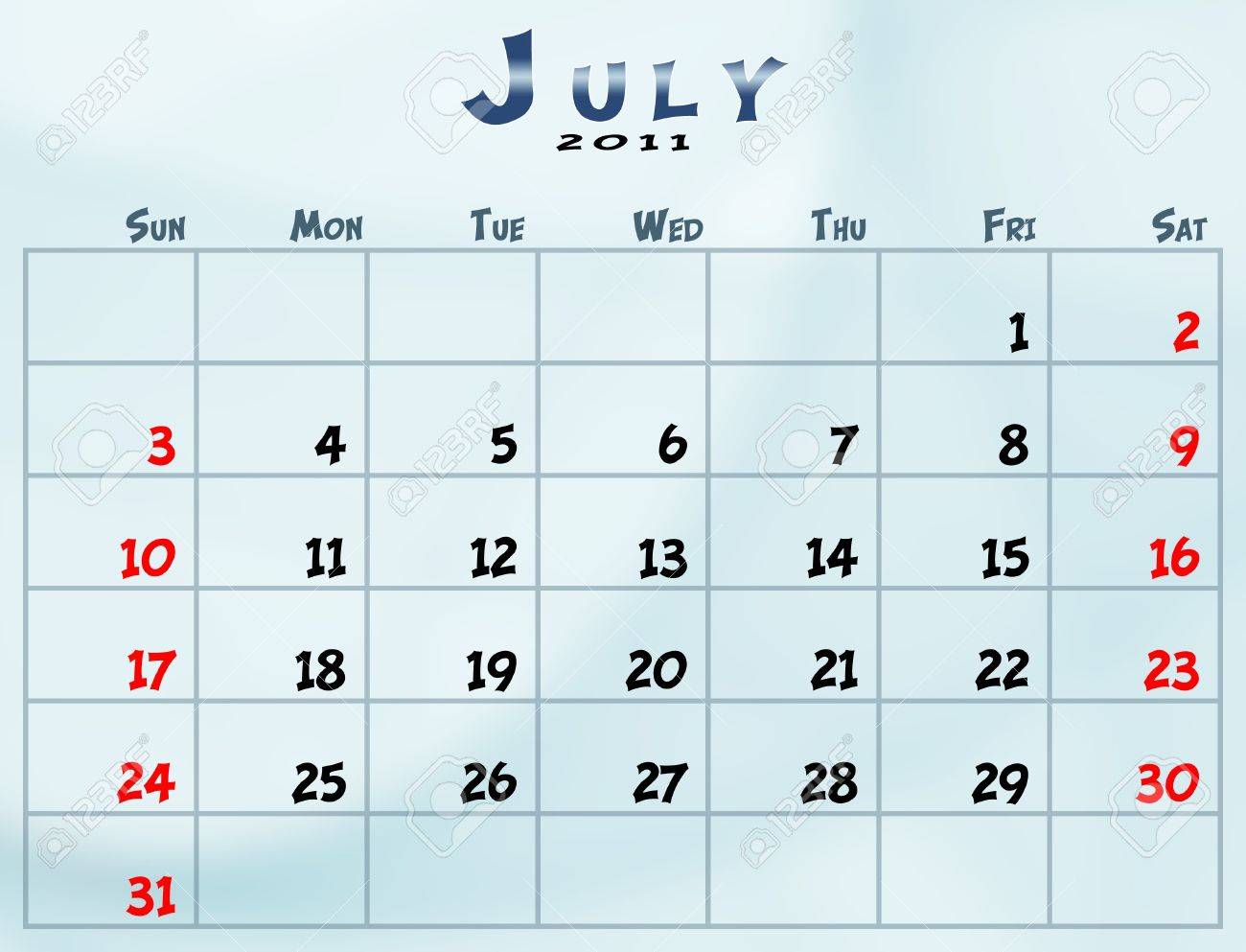 July 11 Calendar From Sunday To Saturday Stock Photo Picture And Royalty Free Image Image