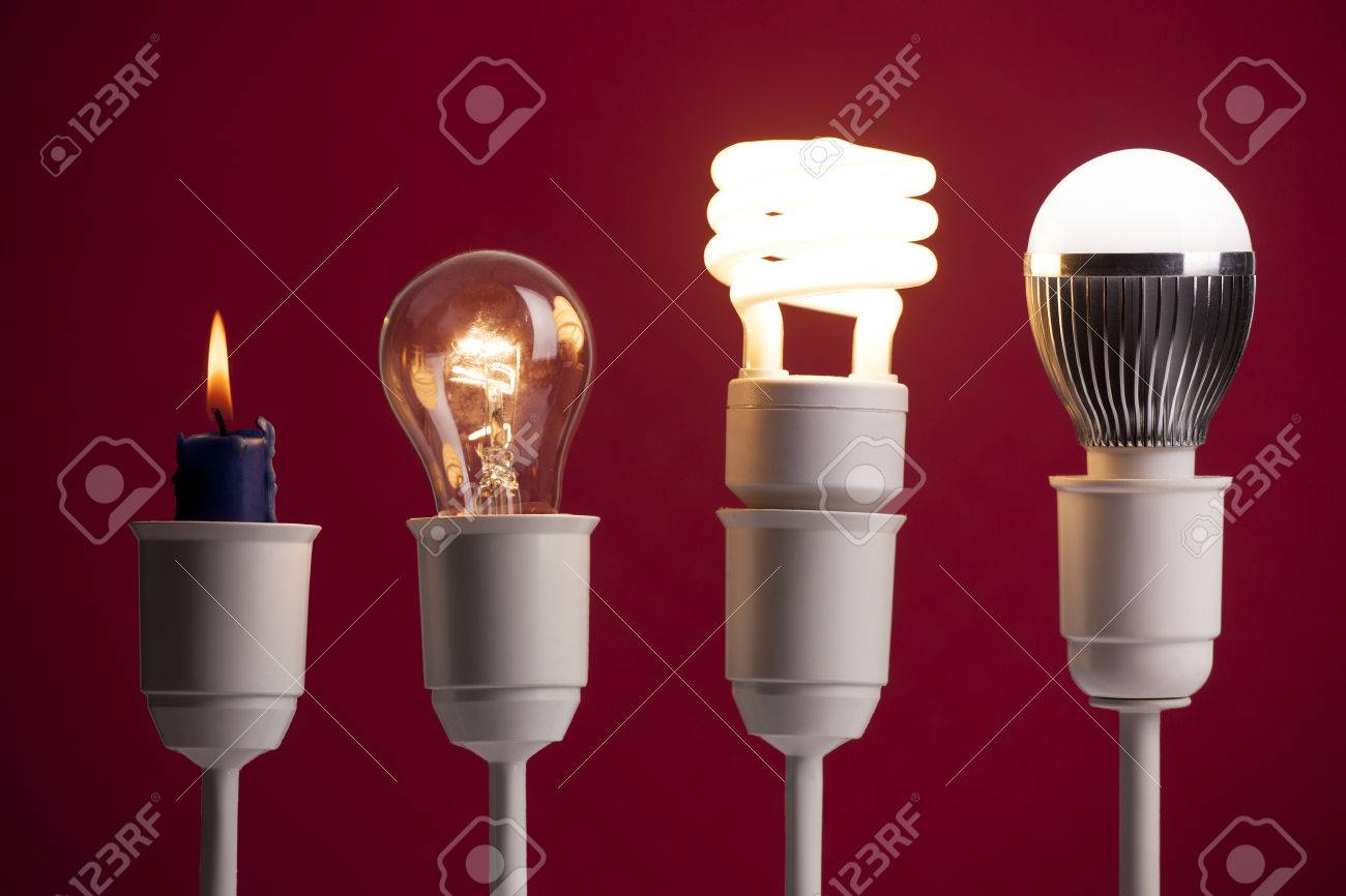 Progress of lighting with candle, tungsten, fluorescent and LED - 70076098 Progress of lighting with candle, tungsten, fluorescent and LED - 70076098
