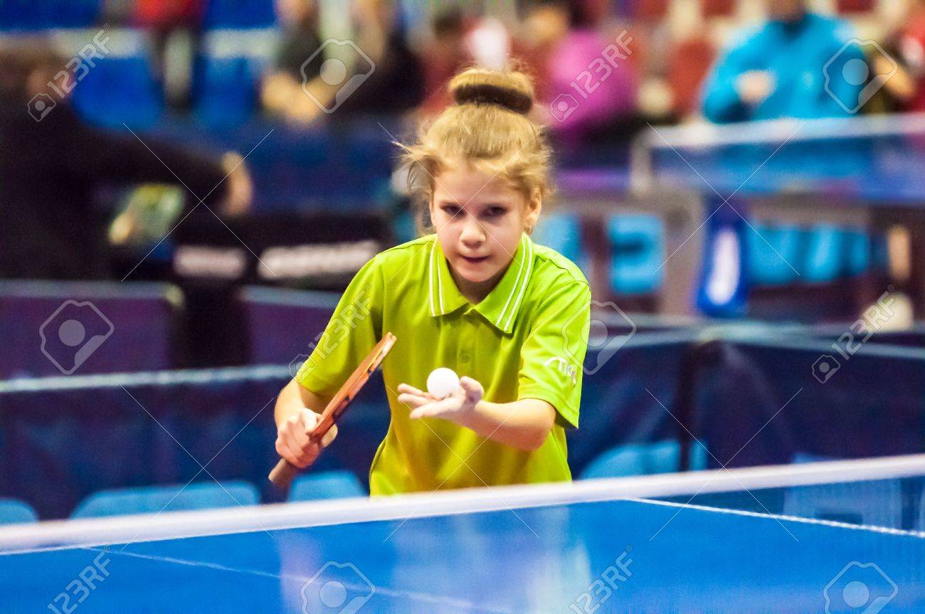 ORENBURG, ORENBURG region, RUSSIA - 5 February 2015: Girl playing table tennis at the tournament strongest sportsmen of Russia "TOP – 12" in table tennis. - 36459689 ORENBURG, ORENBURG region, RUSSIA - 5 February 2015: Girl playing table tennis at the tournament strongest sportsmen of Russia "TOP – 12" in table tennis. - 36459689