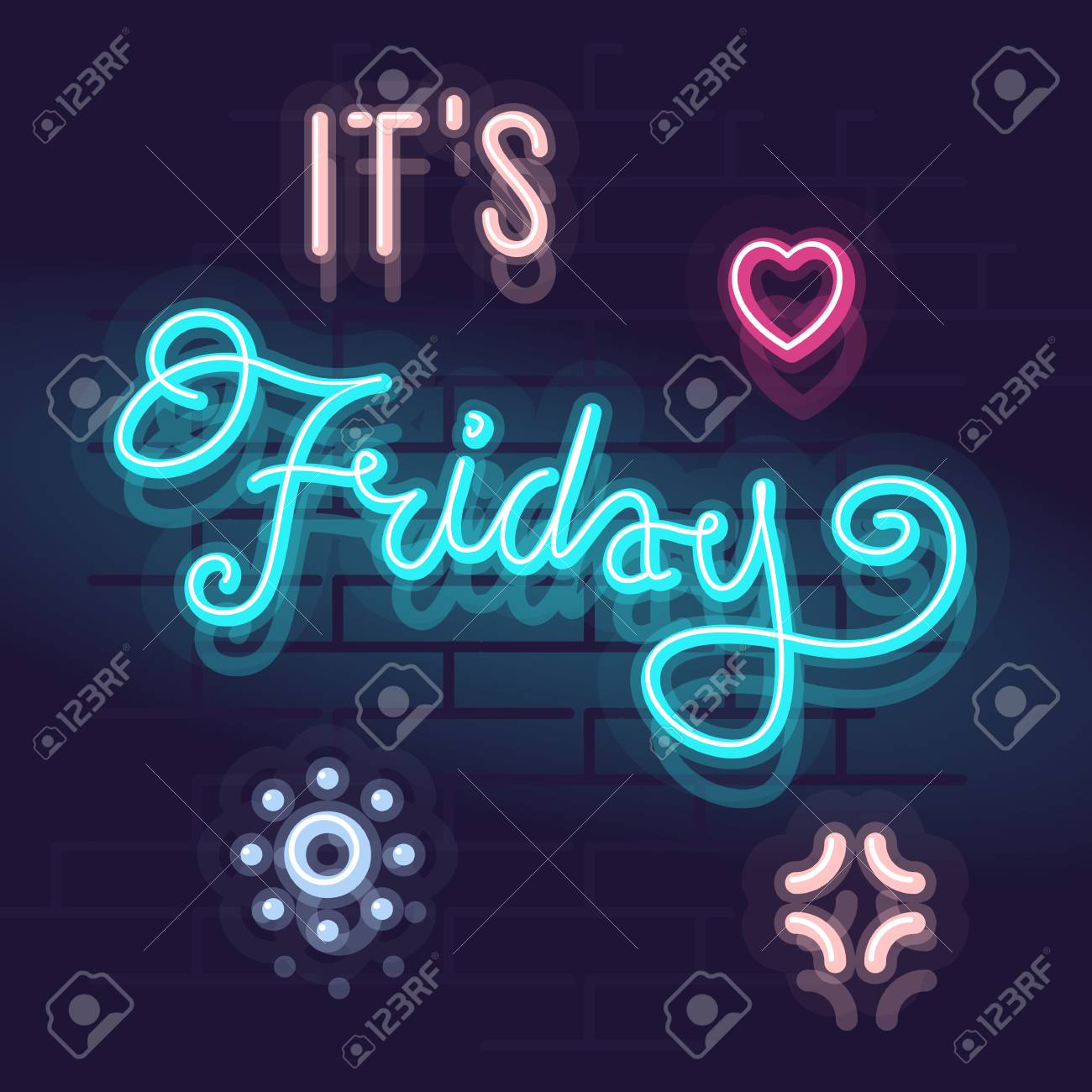 ネオンそれは金曜日のポスター タイポグラフィと手書きのテキストです レンガの壁の背景にハート 輝きと輝き 正方形のネオンイラスト のイラスト素材 ベクタ Image