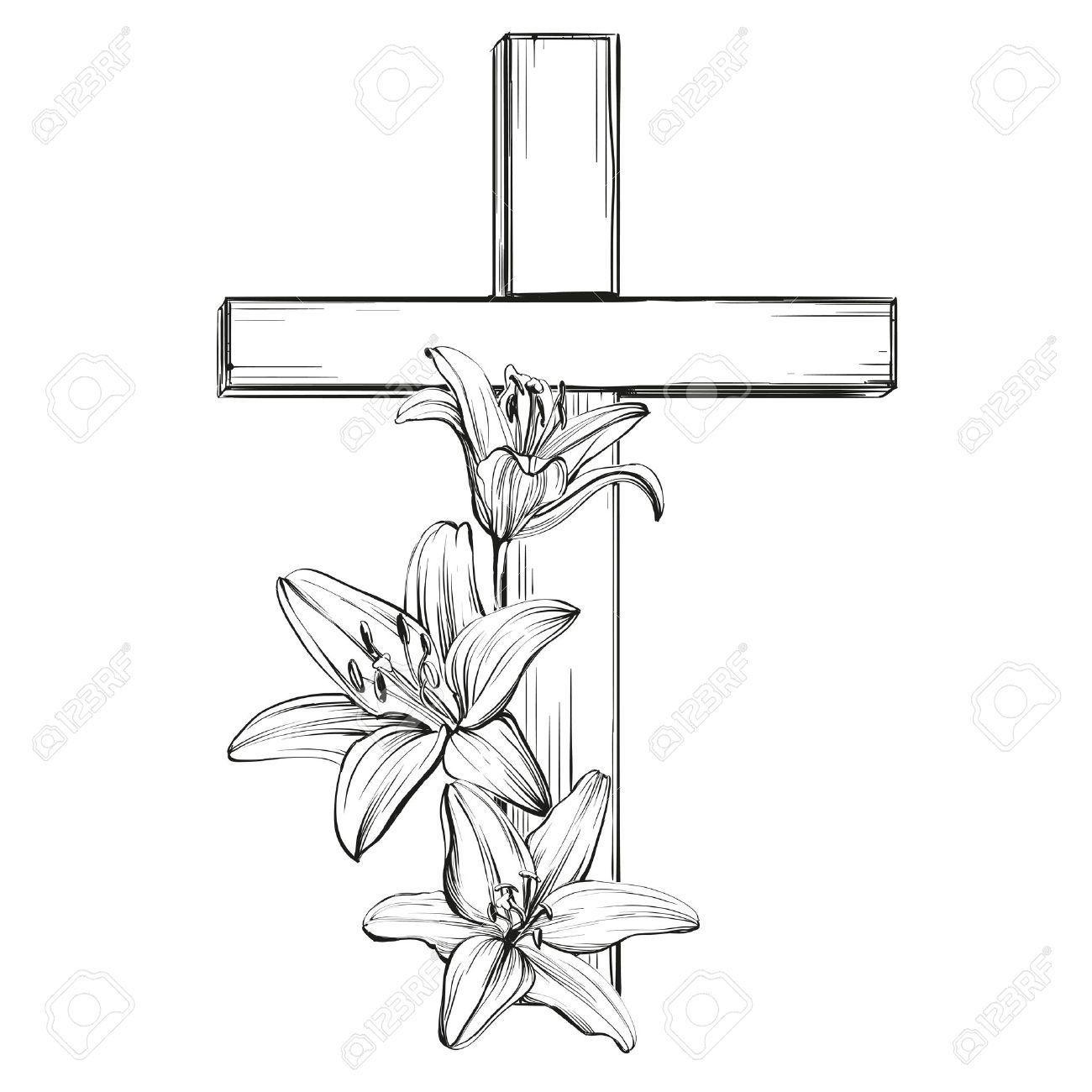 cross and floral blooming lilies, a symbol of Christianity hand drawn vector llustration sketch - 67208609 cross and floral blooming lilies, a symbol of Christianity hand drawn vector llustration sketch - 67208609