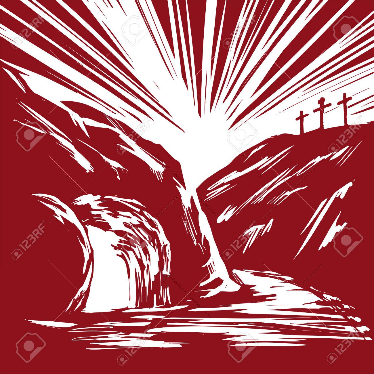 Easter Jesus Christ rose from the dead. Sunday morning. Dawn. The empty tomb in the background of the crucifixion. symbol of Christianity hand drawn vector illustration sketch - 72889182 Easter Jesus Christ rose from the dead. Sunday morning. Dawn. The empty tomb in the background of the crucifixion. symbol of Christianity hand drawn vector illustration sketch - 72889182
