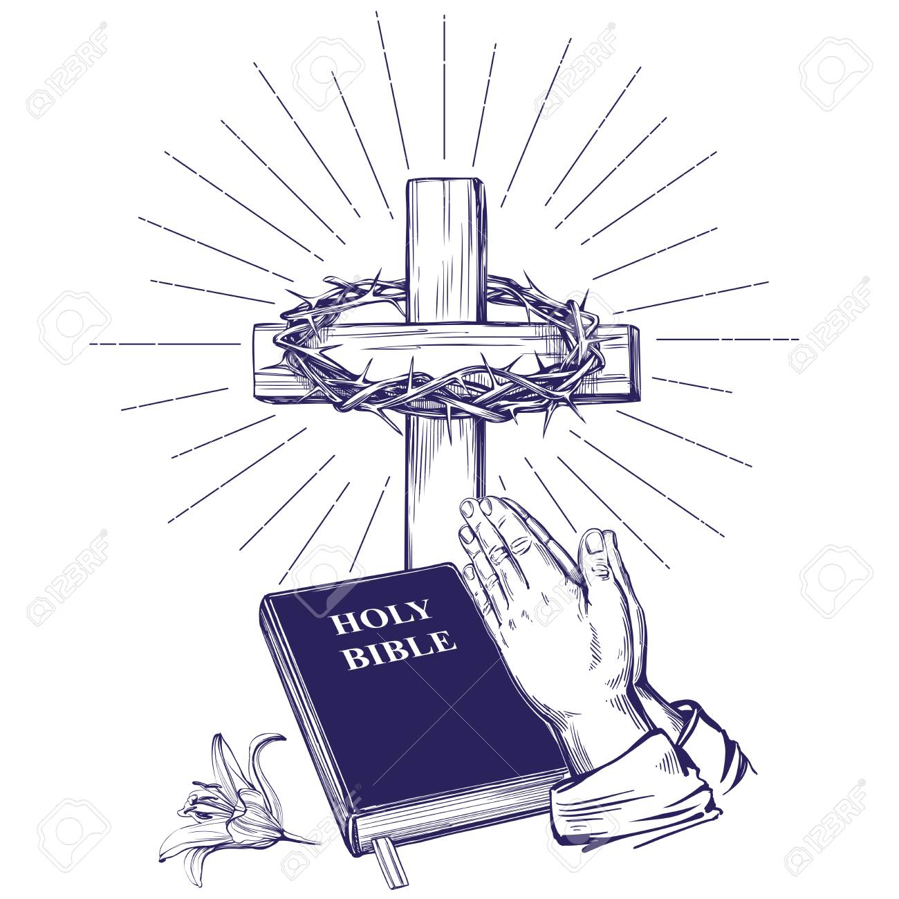 祈りの手 聖書 福音 とげの王冠 木製の十字架 イースター キリスト教のシンボル手描きベクトルイラストスケッチ のイラスト素材 ベクタ Image