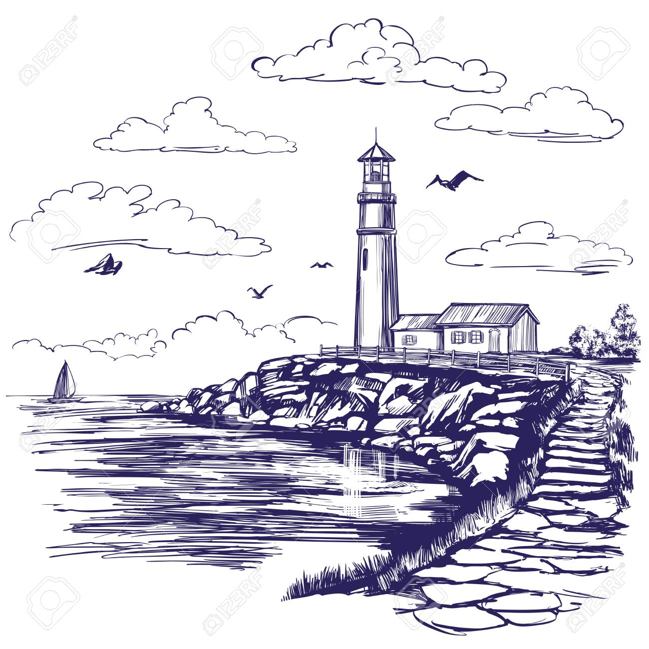 Faro Y Mar Paisaje Dibujado A Mano Dibujo De Ilustracion Vectorial Ilustraciones Vectoriales Clip Art Vectorizado Libre De Derechos Image